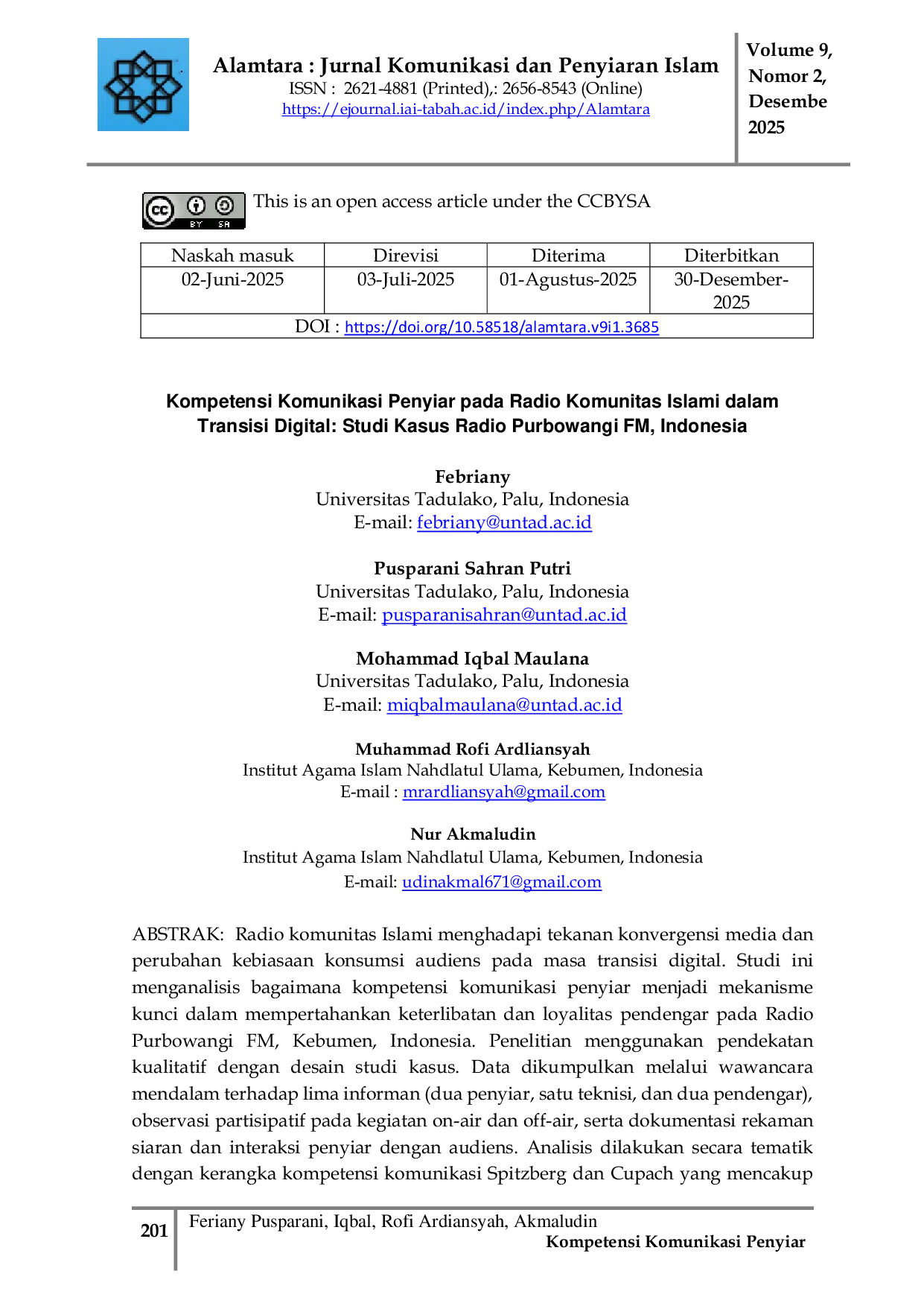 JURIS Kompetensi Komunikasi Penyiar pada Radio Komunitas Islami dalam Transisi Digital Studi Kasus Radio Purbowangi FM Indonesia