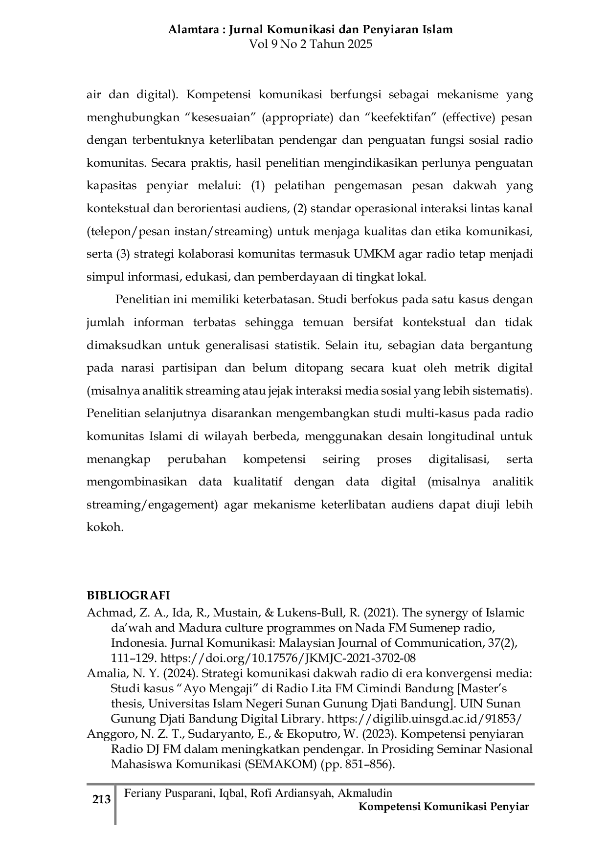 JURIS Kompetensi Komunikasi Penyiar pada Radio Komunitas Islami dalam Transisi Digital Studi Kasus Radio Purbowangi FM Indonesia