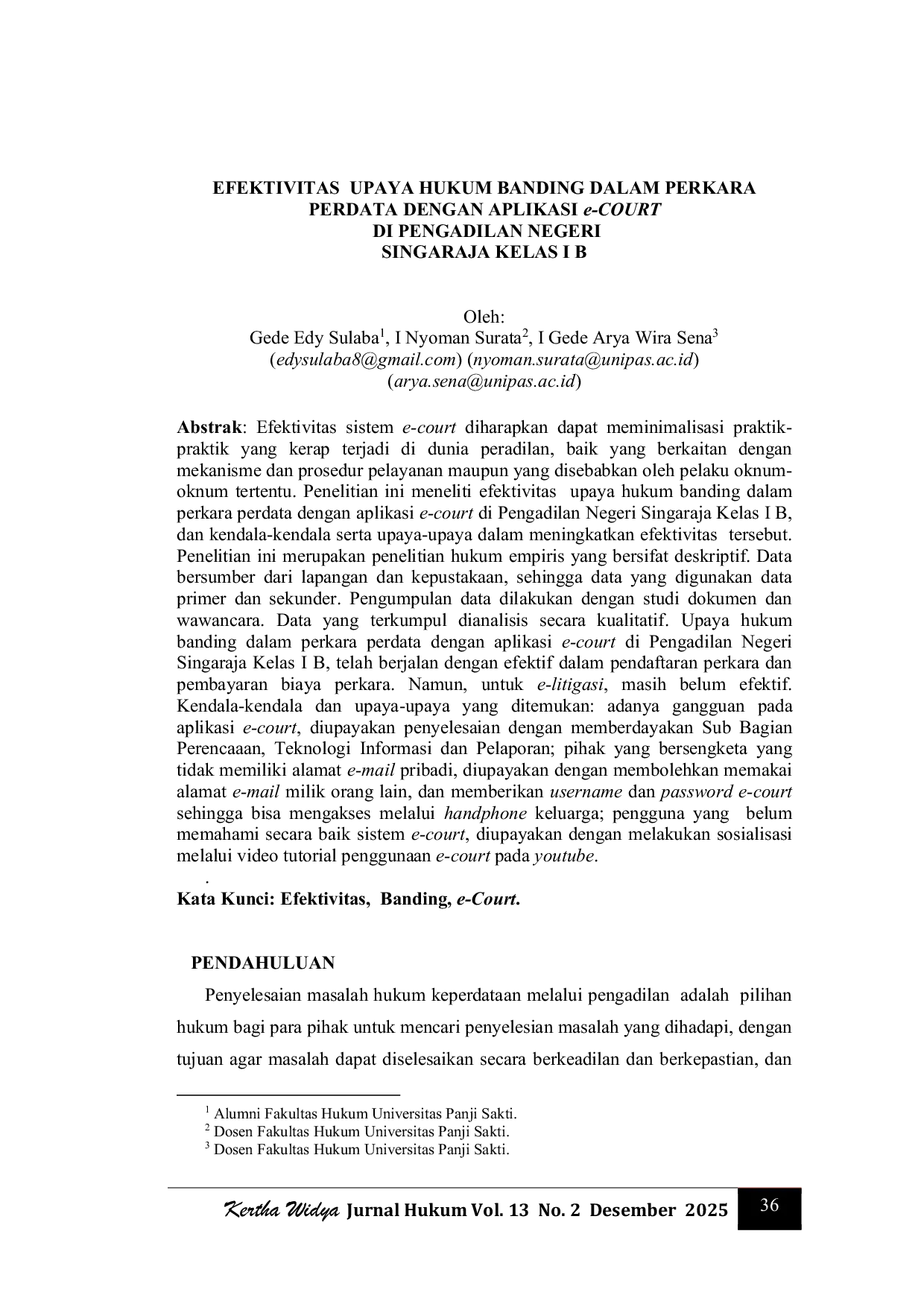 JURIS EFEKTIVITAS UPAYA HUKUM BANDING DALAM PERKARA PERDATA DENGAN APLIKASI e COURT DI PENGADILAN NEGERI SINGARAJA KELAS I B