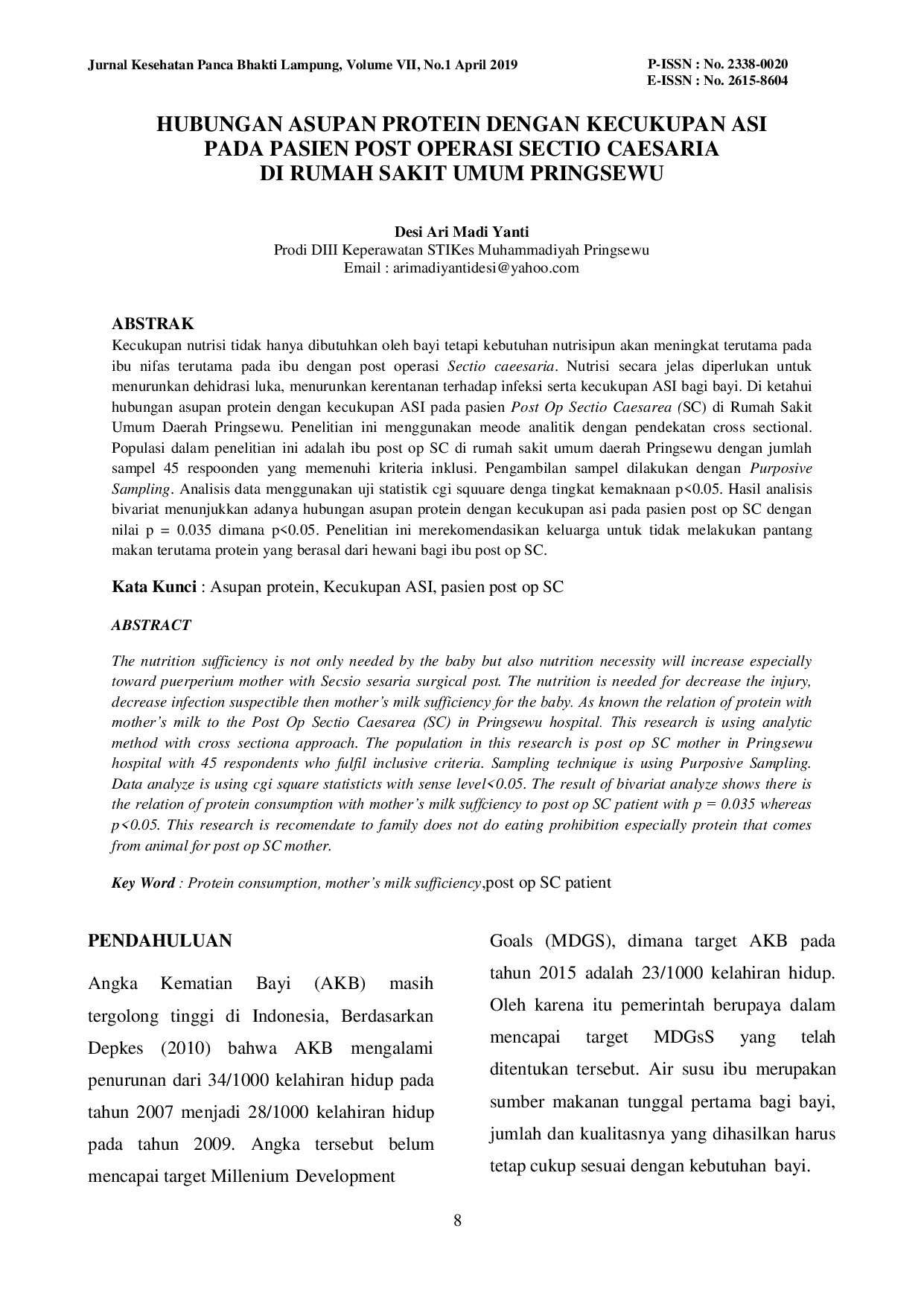 JURIS Hubungan Asupan Protein dengan Kecukupan ASI pada Pasien Post Operasi Sectio Caesaria Di Rumah Sakit Umum Pringsewu