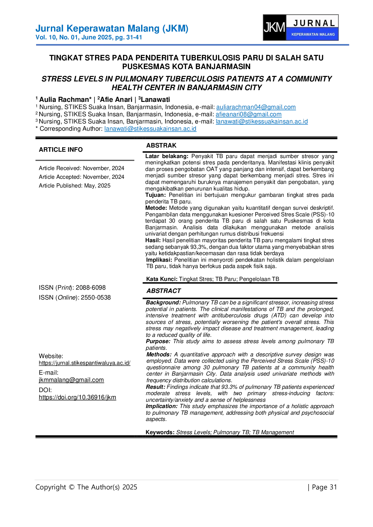 JURIS Tingkat Stres Pada Penderita Tuberkulosis Paru Di Salah Satu Puskesmas Kota Banjarmasin