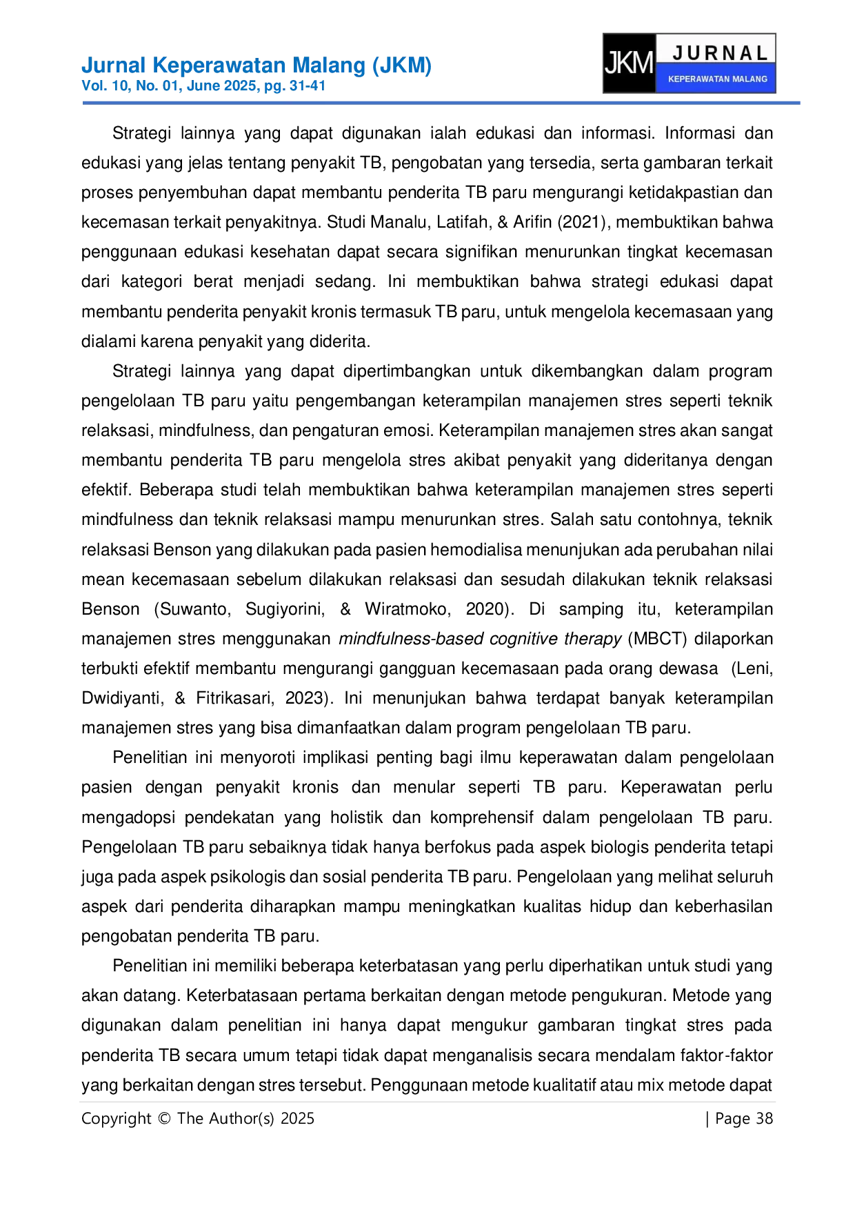 JURIS Tingkat Stres Pada Penderita Tuberkulosis Paru Di Salah Satu Puskesmas Kota Banjarmasin