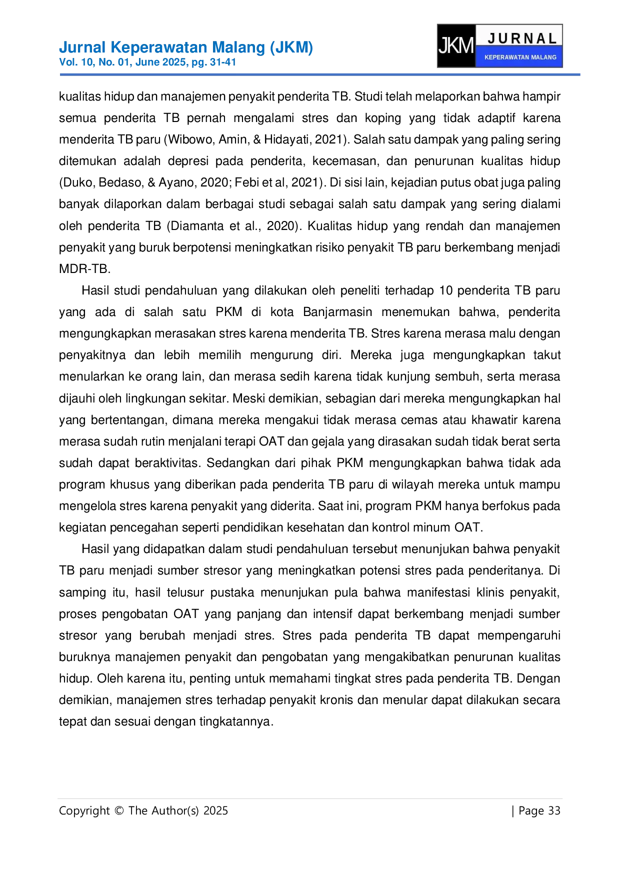 JURIS Tingkat Stres Pada Penderita Tuberkulosis Paru Di Salah Satu Puskesmas Kota Banjarmasin