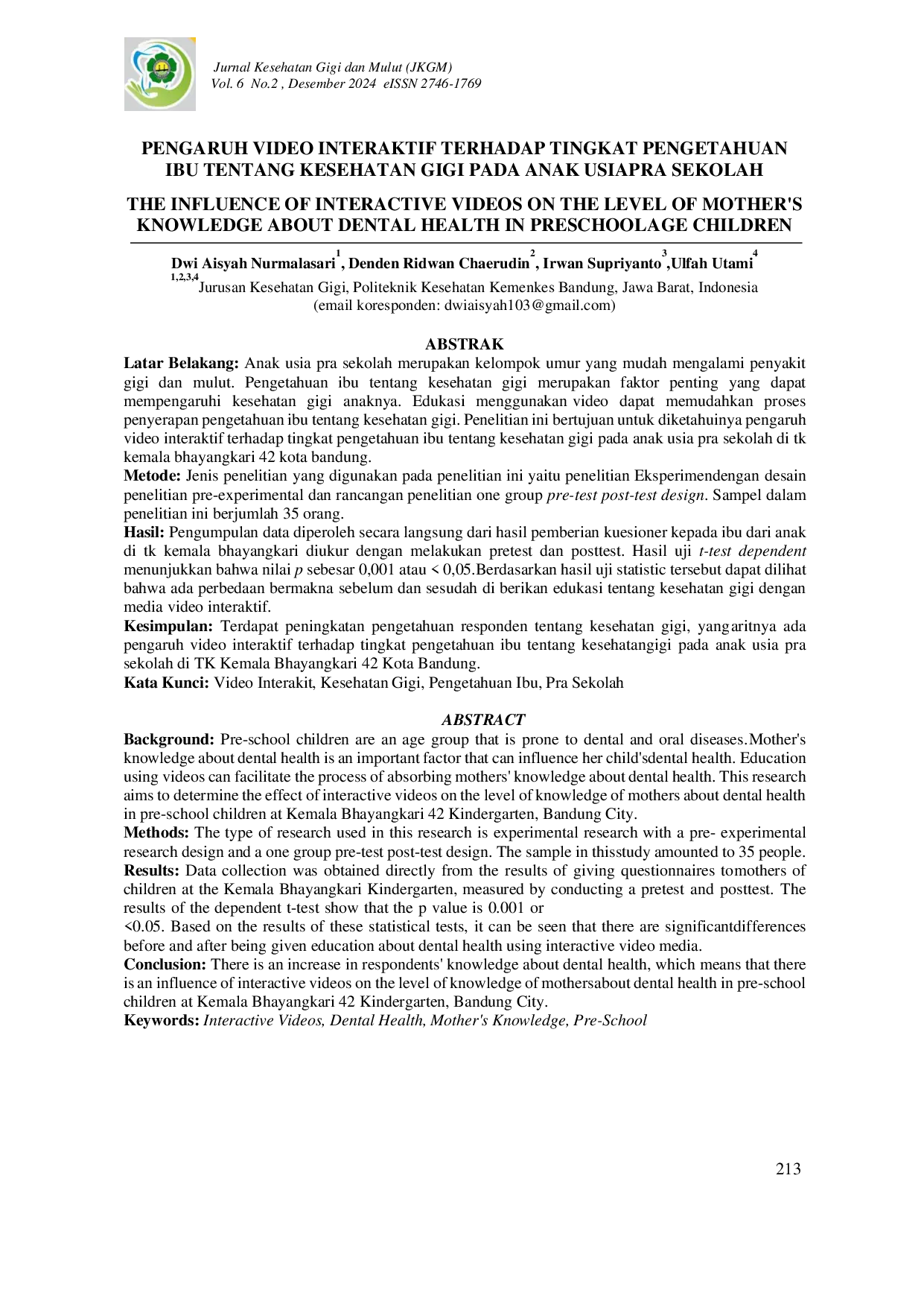 JURIS Pengaruh Video Interaktif Terhadap Tingkat Pengetahuan Ibu Tentang Kesehatan Gigi Pada Anak Usia Pra Sekolah