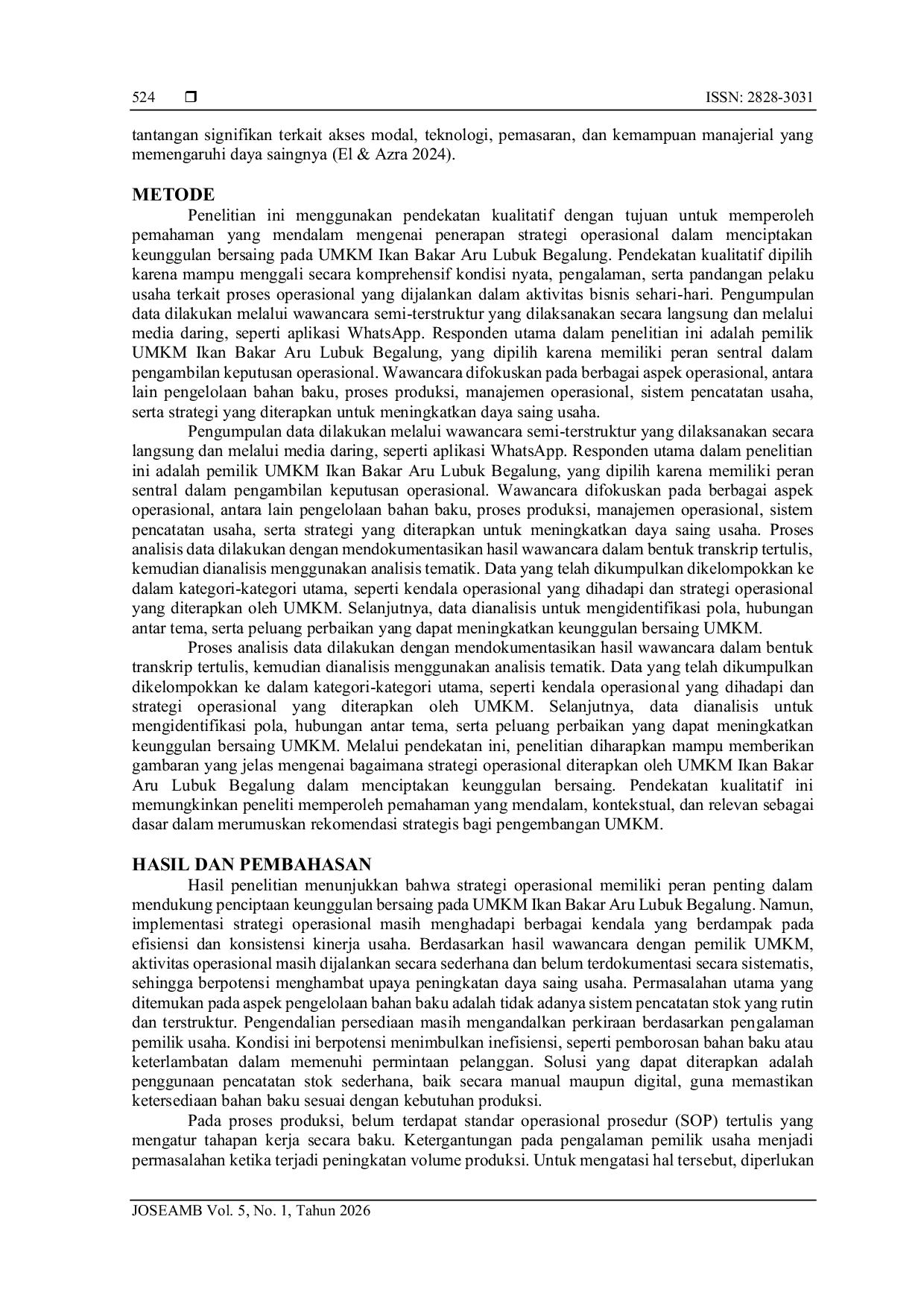 JURIS Strategi Operasional UMKM Ikan Bakar Aru Lubuk Begalung Untuk Menciptakan Keunggulan Bersaing Berkelanjutan Bisnis Lokal