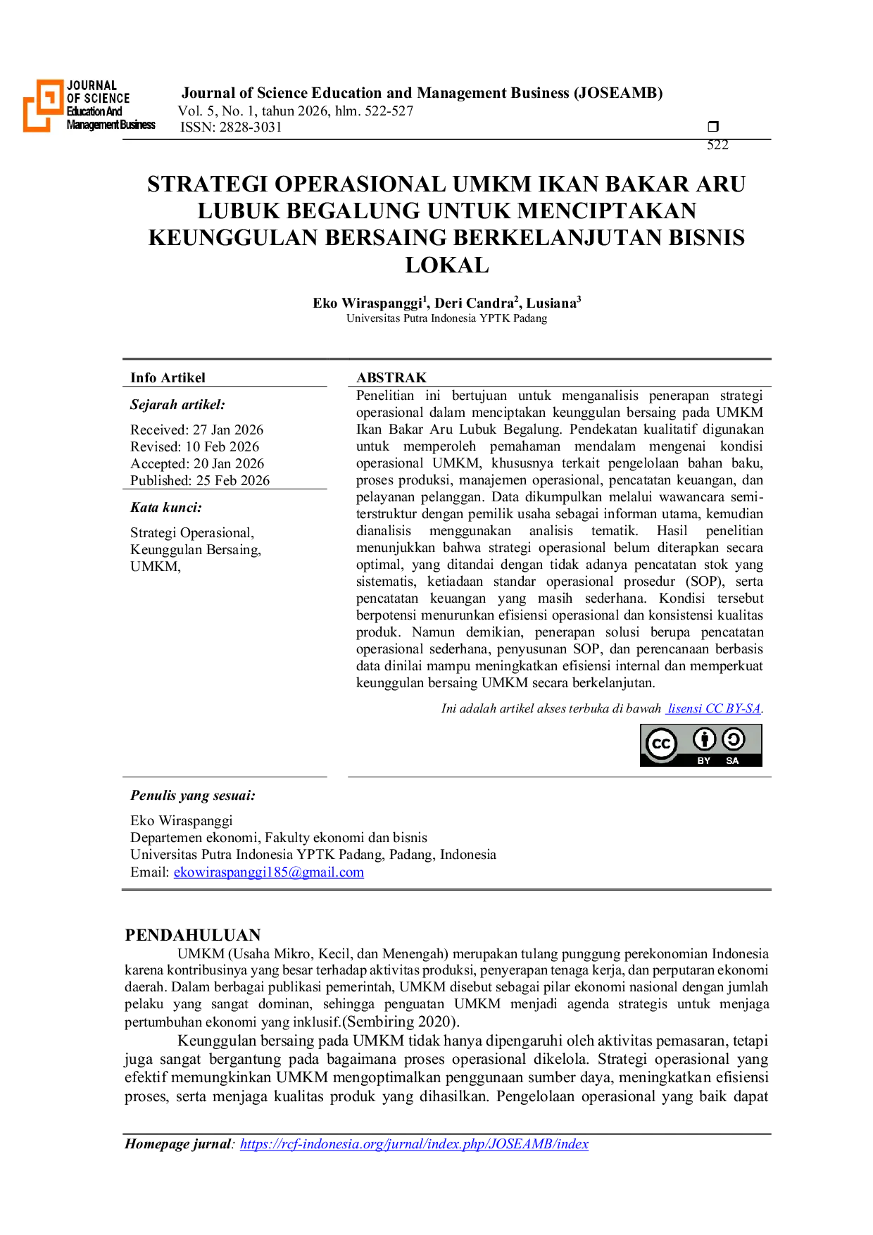 JURIS Strategi Operasional UMKM Ikan Bakar Aru Lubuk Begalung Untuk Menciptakan Keunggulan Bersaing Berkelanjutan Bisnis Lokal
