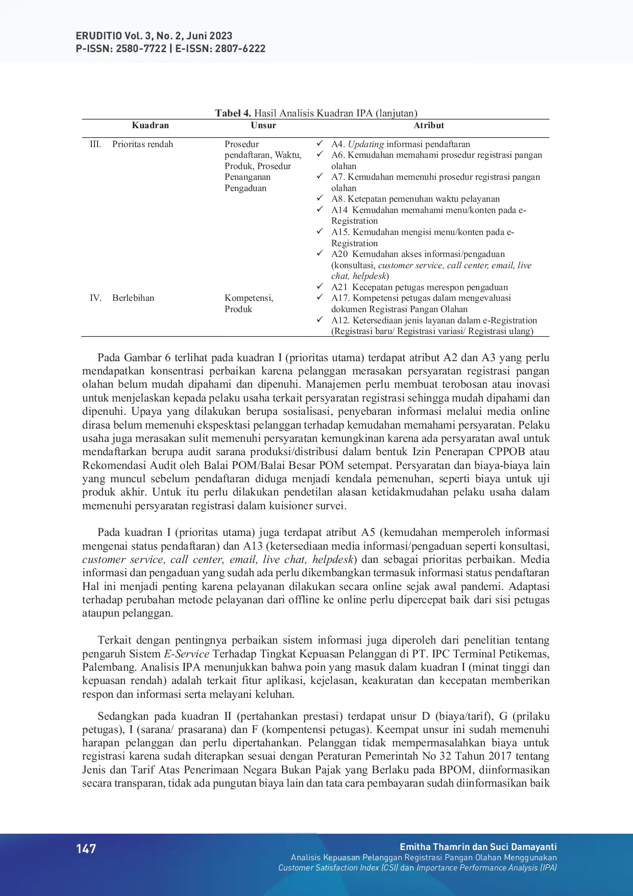JURIS Analisis Kepuasan Pelanggan Registrasi Pangan Olahan Menggunakan Customer Satisfaction Index CSI dan Importance Performance Analysis IPA