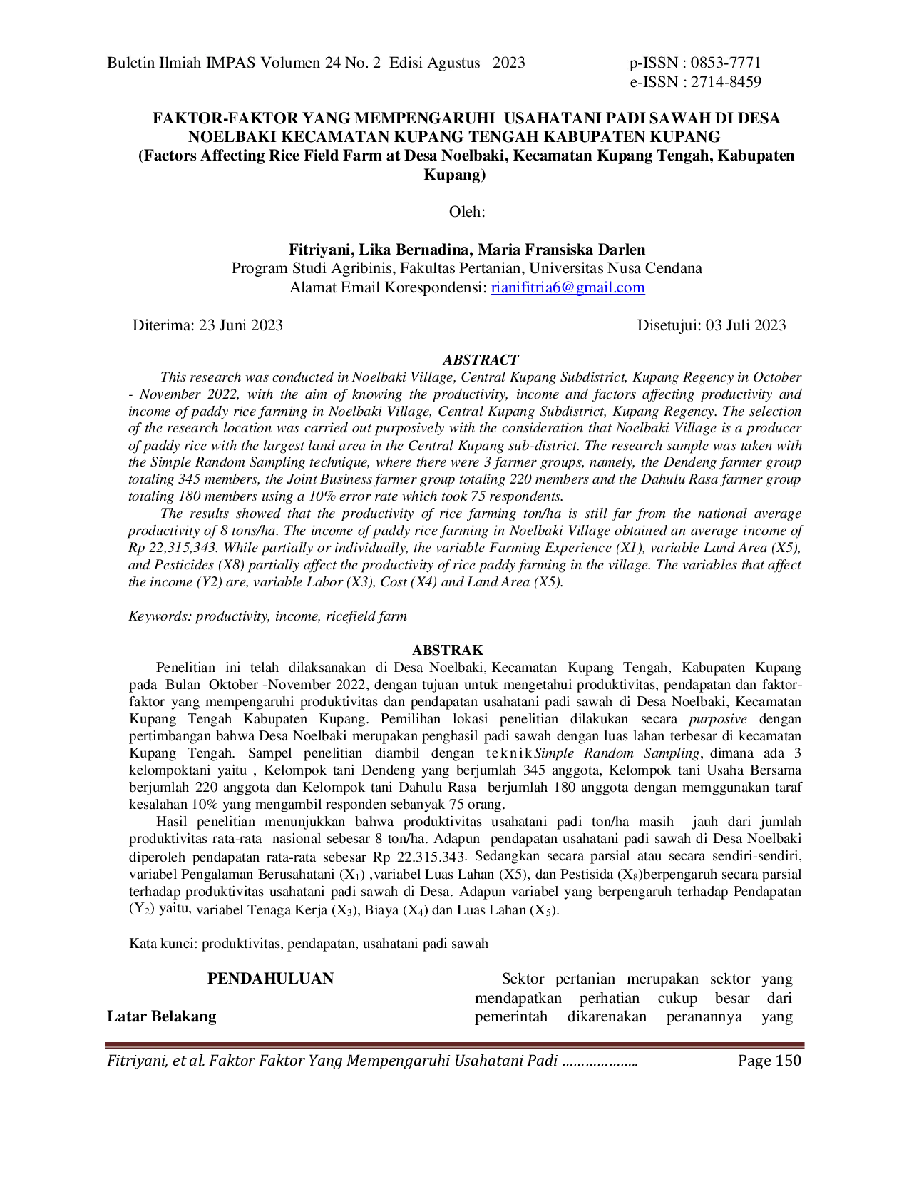 JURIS Faktor Faktor Yang Mempengaruhi Usahatani Padi Sawah Di Desa Noelbaki Kecamatan Kupang Tengah Kabupaten Kupang