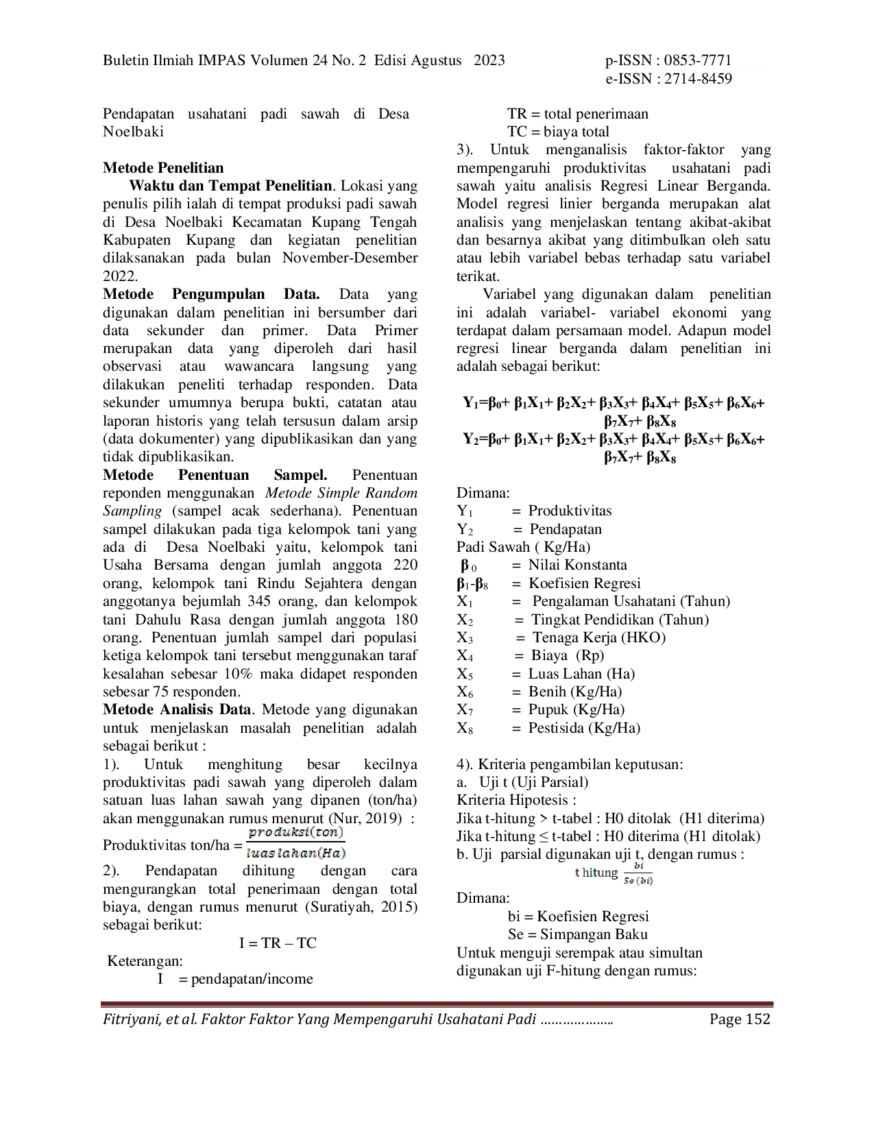 JURIS Faktor Faktor Yang Mempengaruhi Usahatani Padi Sawah Di Desa Noelbaki Kecamatan Kupang Tengah Kabupaten Kupang