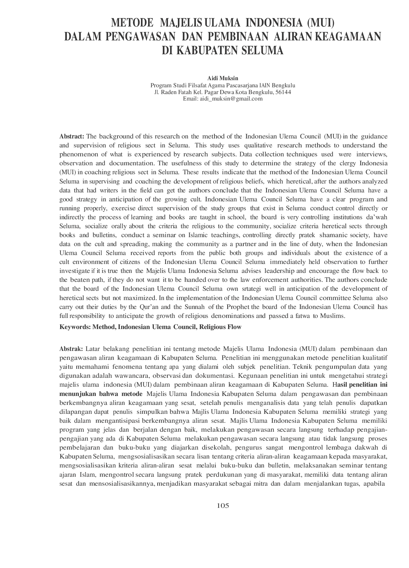 JURIS Metode Majelis Ulama Indonesia MUI dalam Pengawasan dan Pembinaan Aliran Keagamaan di Kabupaten Seluma