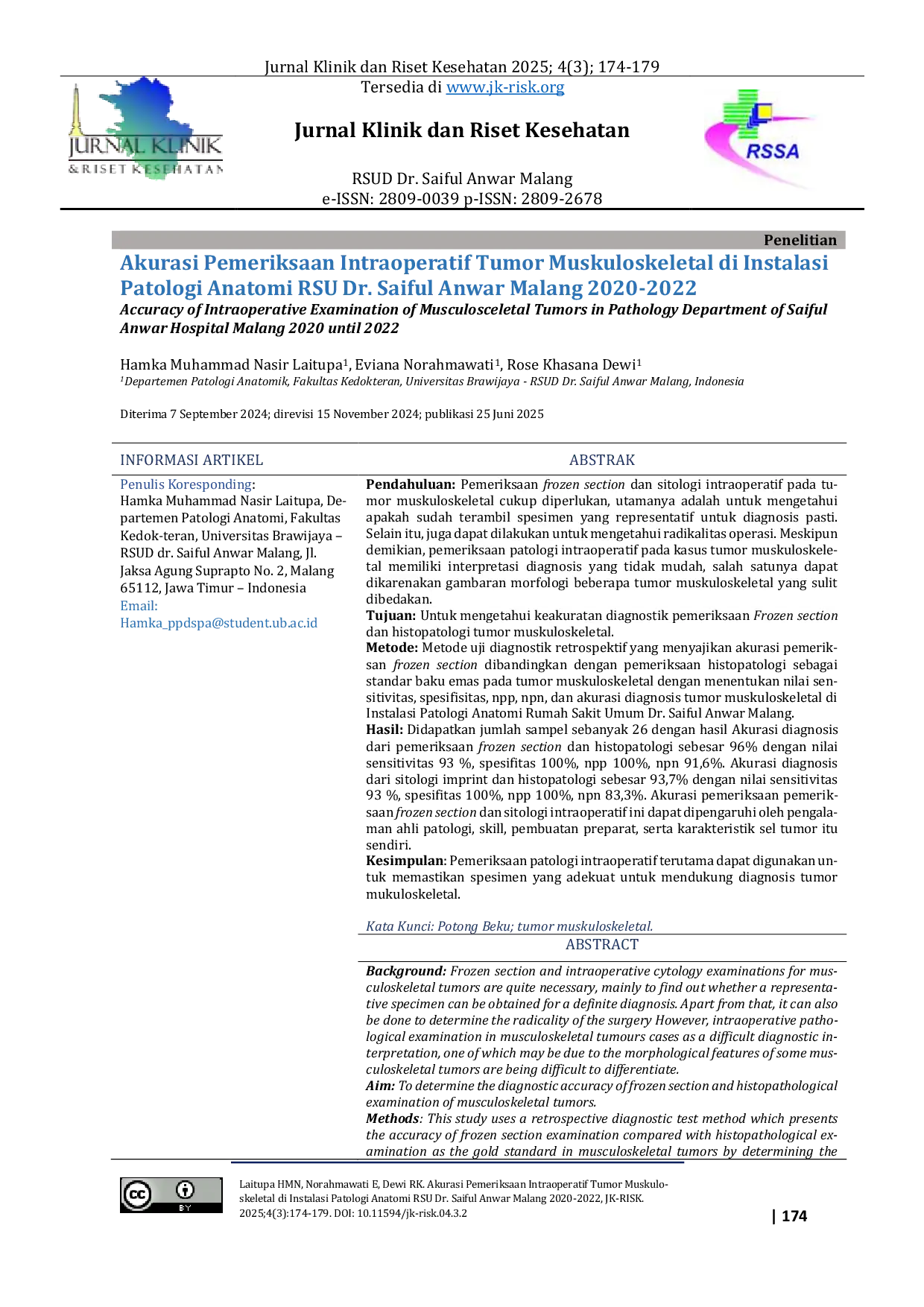 JURIS Accuracy of Intraoperative Examination of Musculosceletal Tumors in Pathology Department of Saiful Anwar Hospital Malang 2020 until 2022