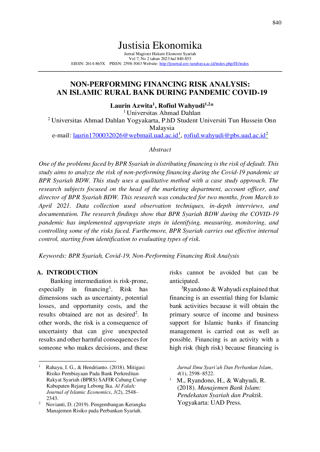 JURIS Non Performing Financing Risk Analysis An Islamic Rural Bank During Pandemic Covid 19