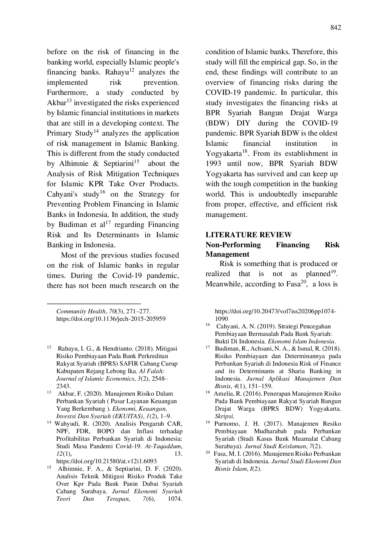 JURIS Non Performing Financing Risk Analysis An Islamic Rural Bank During Pandemic Covid 19