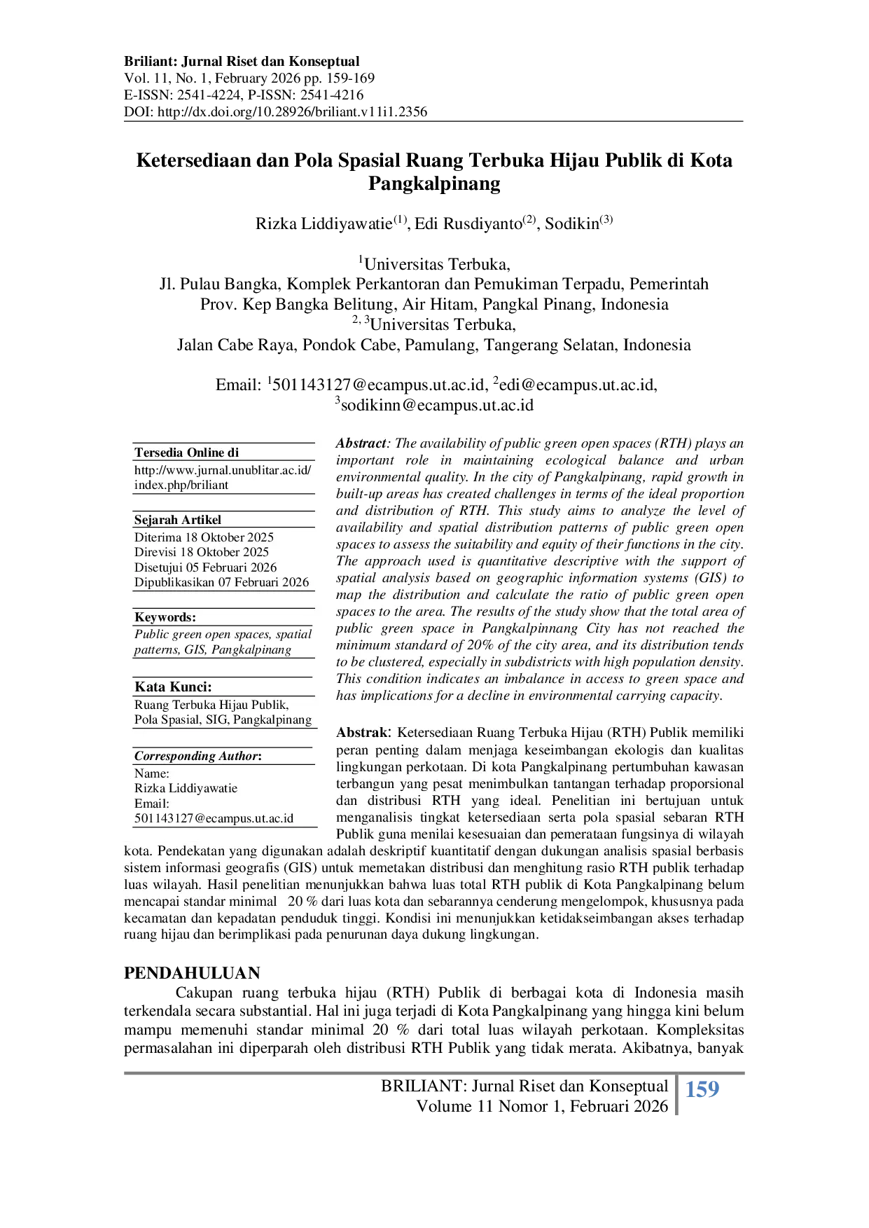 JURIS Ketersediaan dan Pola Spasial Ruang Terbuka Hijau Publik di Kota Pangkalpinang