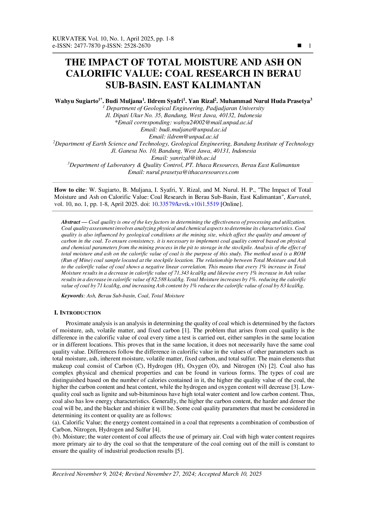 JURIS The Impact of Total Moisture and Ash on Calorific Value Coal Research in Berau Sub Basin East Kalimantan