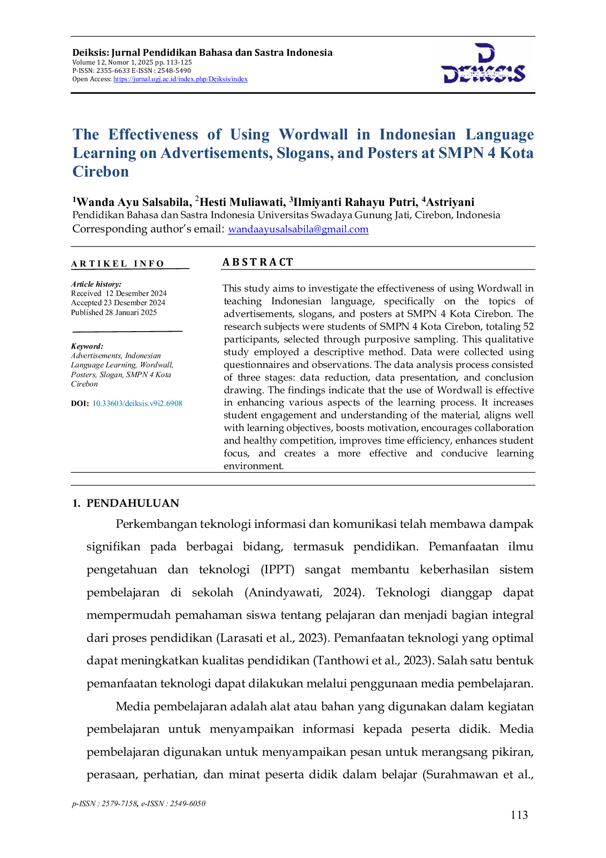 JURIS The Effectiveness of Using Wordwall in Indonesian Language Learning on Advertisements Slogans and Posters at SMPN 4 Kota Cirebon