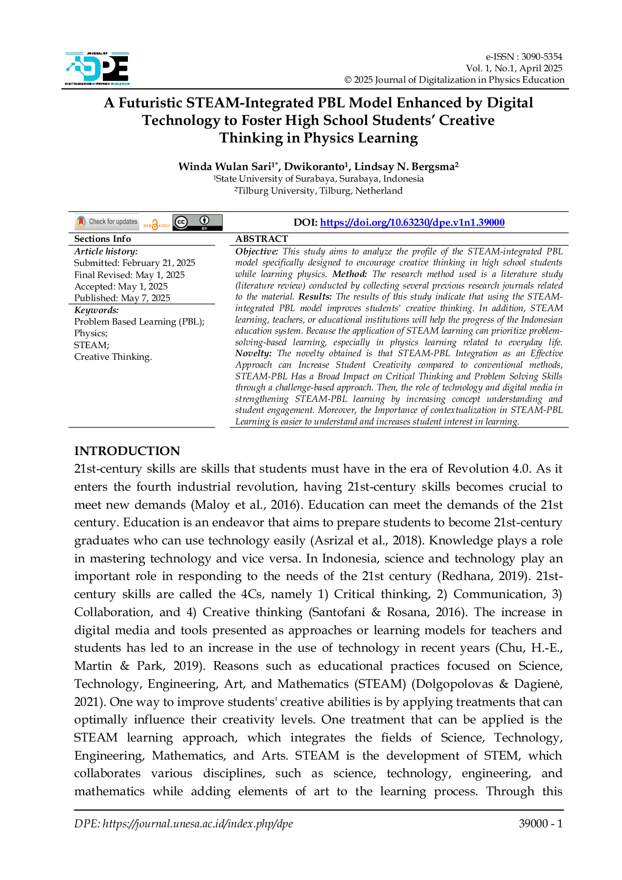 JURIS A Futuristic STEAM Integrated PBL Model Enhanced by Digital Technology to Foster High School Students Creative Thinking in Physics Learning