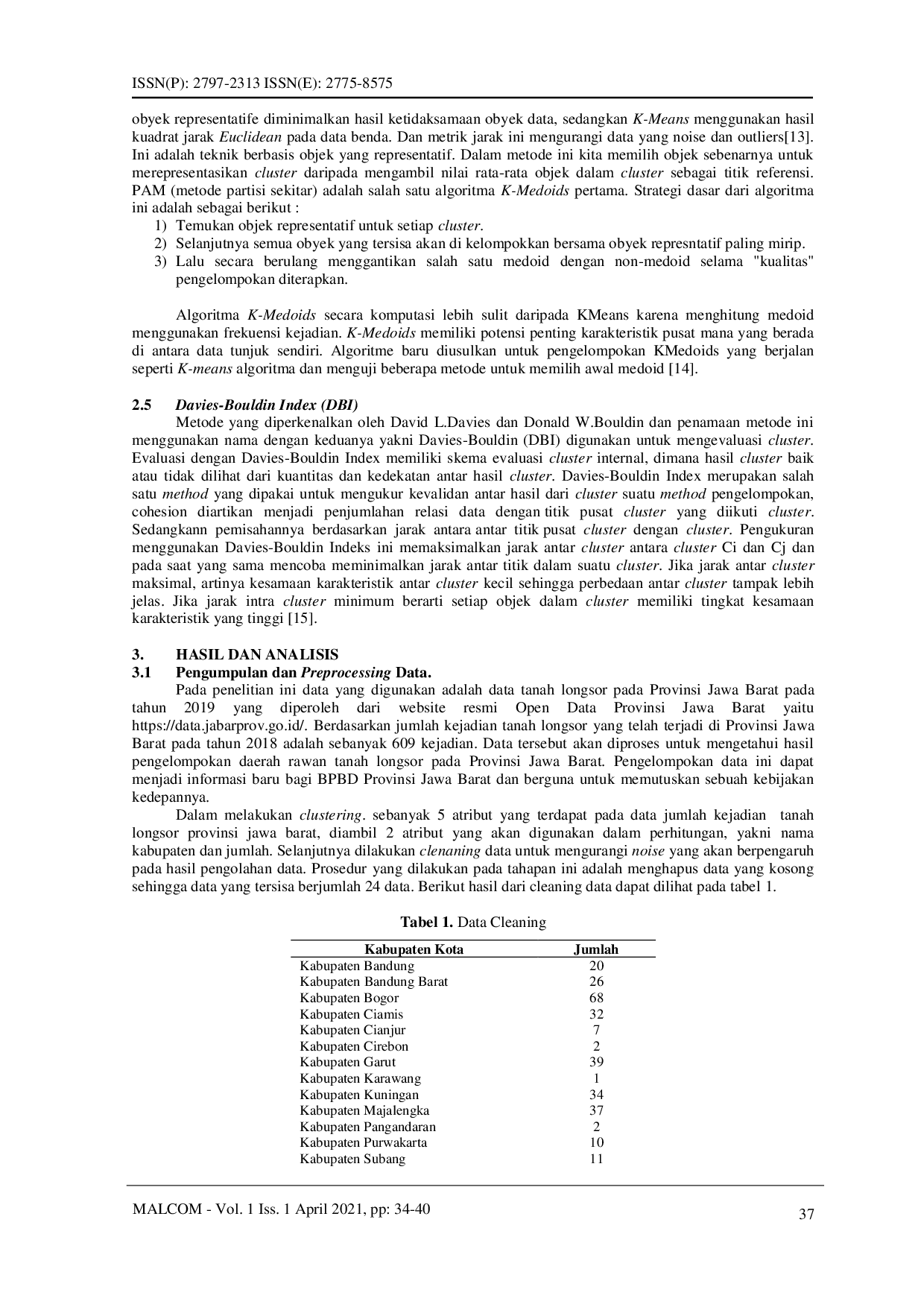 juris Perbandingan Algoritma K Means dan K Medoids untuk Pengelompokkan Daerah Rawan Tanah Longsor Pada Provinsi Jawa Barat