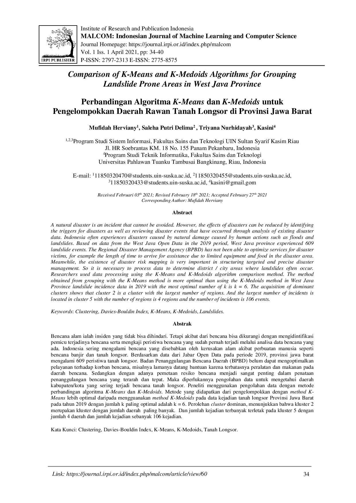 juris Perbandingan Algoritma K Means dan K Medoids untuk Pengelompokkan Daerah Rawan Tanah Longsor Pada Provinsi Jawa Barat