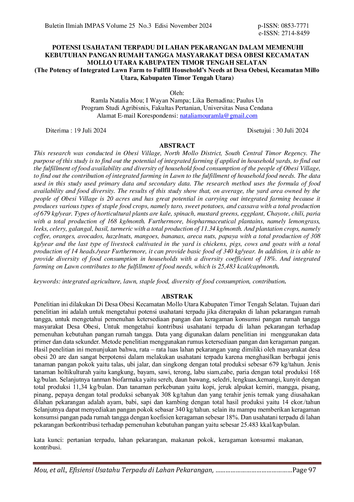 JURIS Potensi Usahatani Terpadu Di Lahan Pekarangan Dalam Memenuhi Kebutuhan Pangan Rumah Tangga Masyarakat Desa Obesi Kecamatan Mollo Utara Kabupaten Timor Tengah Selatan
