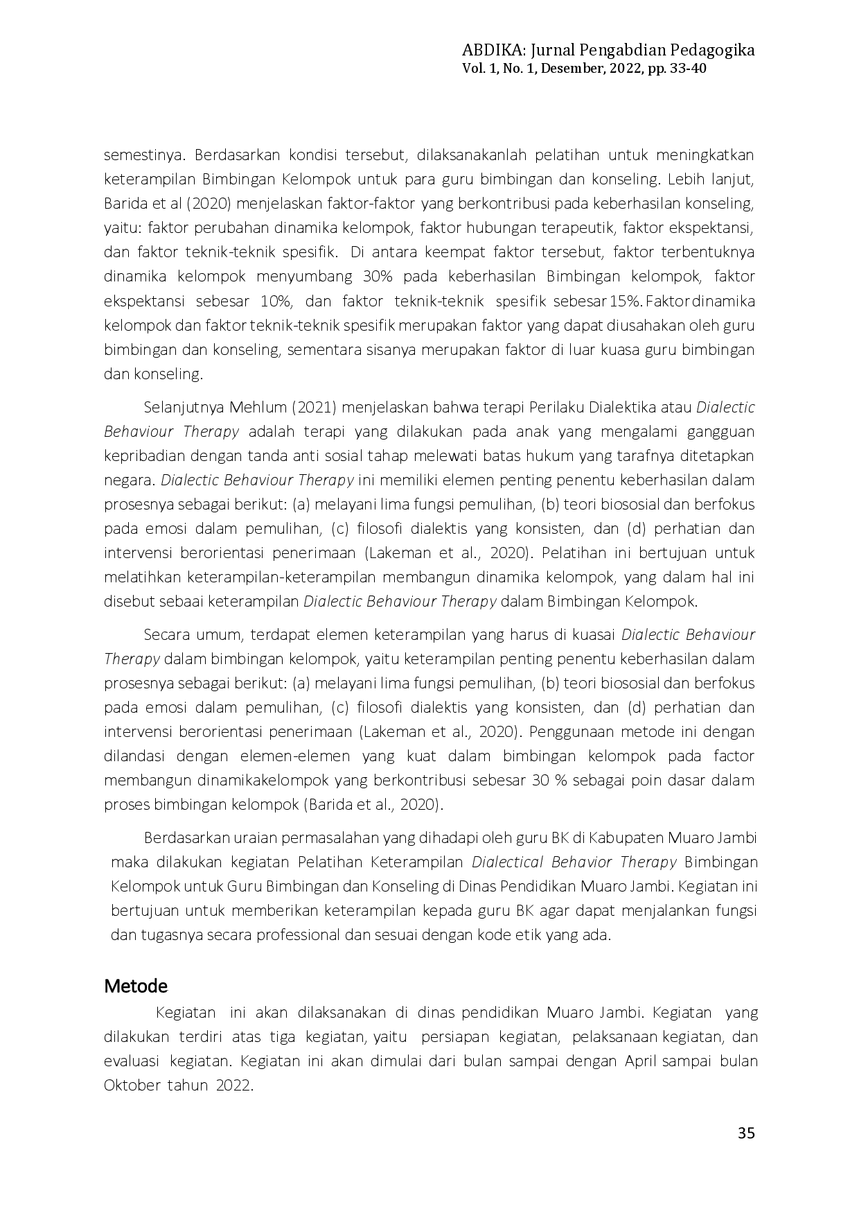 juris Pelatihan Keterampilan Dialectical Behavior Therapy dalam Bimbingan Kelompok untuk Guru Bimbingan dan Konseling