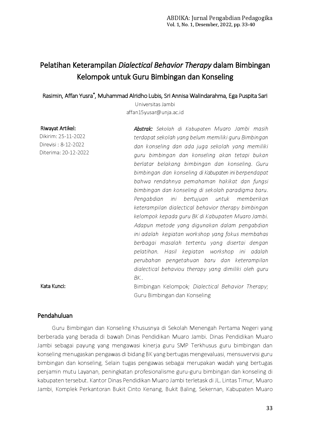 JURIS Pelatihan Keterampilan Dialectical Behavior Therapy dalam Bimbingan Kelompok untuk Guru Bimbingan dan Konseling