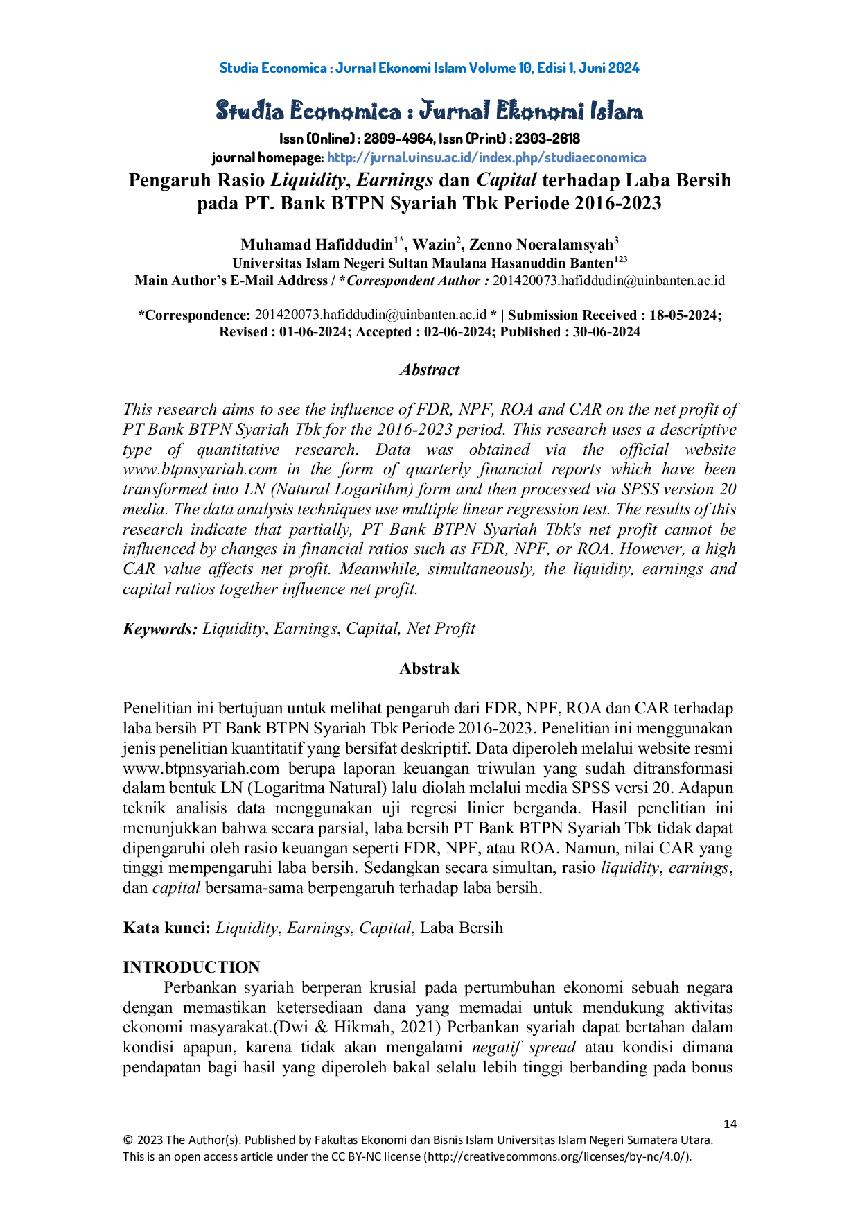 JURIS Pengaruh Rasio Liquidity Earnings dan Capital terhadap Laba Bersih pada PT Bank BTPN Syariah Tbk Periode 2016 2023