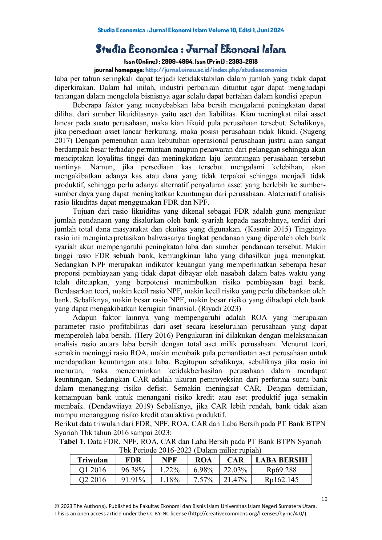 JURIS Pengaruh Rasio Liquidity Earnings dan Capital terhadap Laba Bersih pada PT Bank BTPN Syariah Tbk Periode 2016 2023