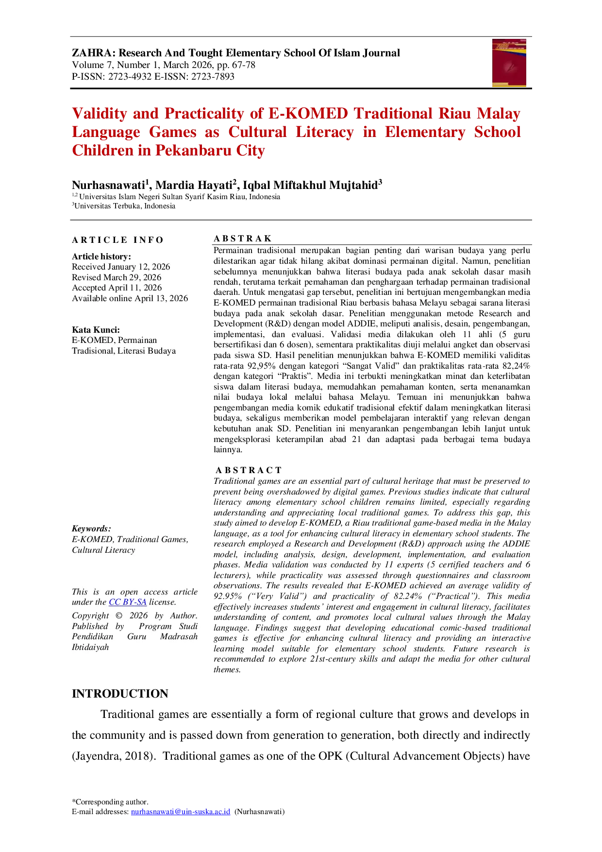 JURIS Validity and Practicality of E KOMED Traditional Riau Malay Language Games as Cultural Literacy in Elementary School Children in Pekanbaru City