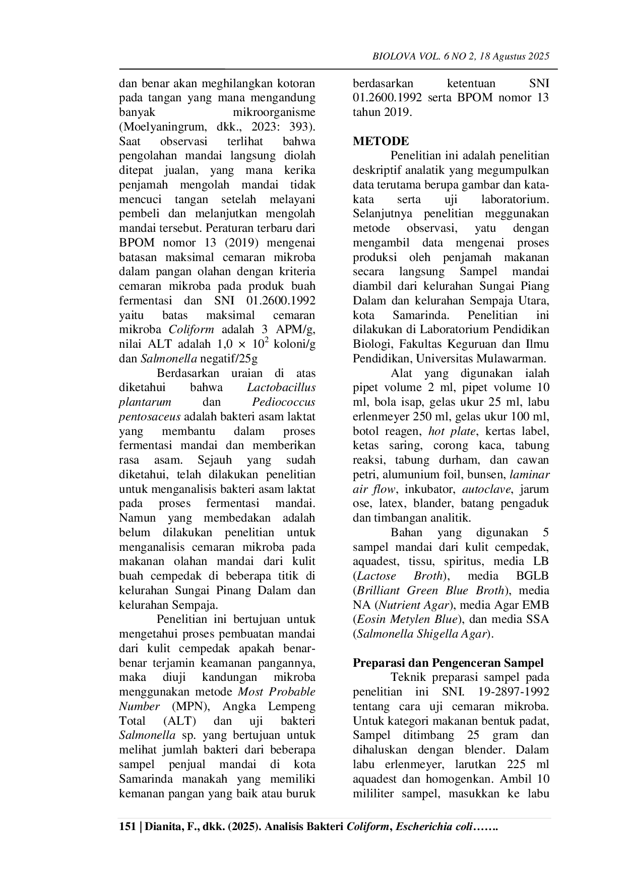 JURIS ANALISIS BAKTERI Coliform Esherichia coli dan Salmonella sp PADA OLAHAN MAKANAN MANDAI DARI KULIT BUAH CEMPEDAK Artocarpus integer DI KOTA SAMARINDA