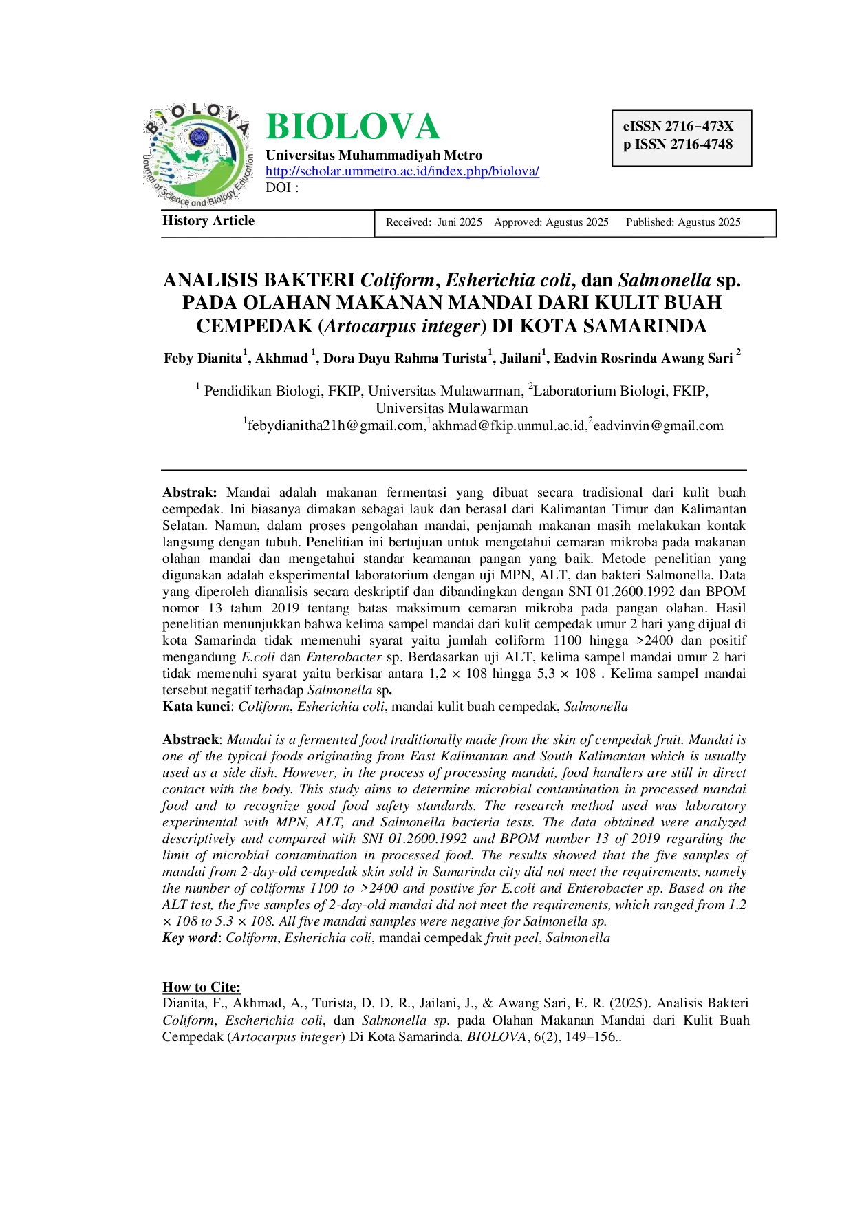 JURIS ANALISIS BAKTERI Coliform Esherichia coli dan Salmonella sp PADA OLAHAN MAKANAN MANDAI DARI KULIT BUAH CEMPEDAK Artocarpus integer DI KOTA SAMARINDA