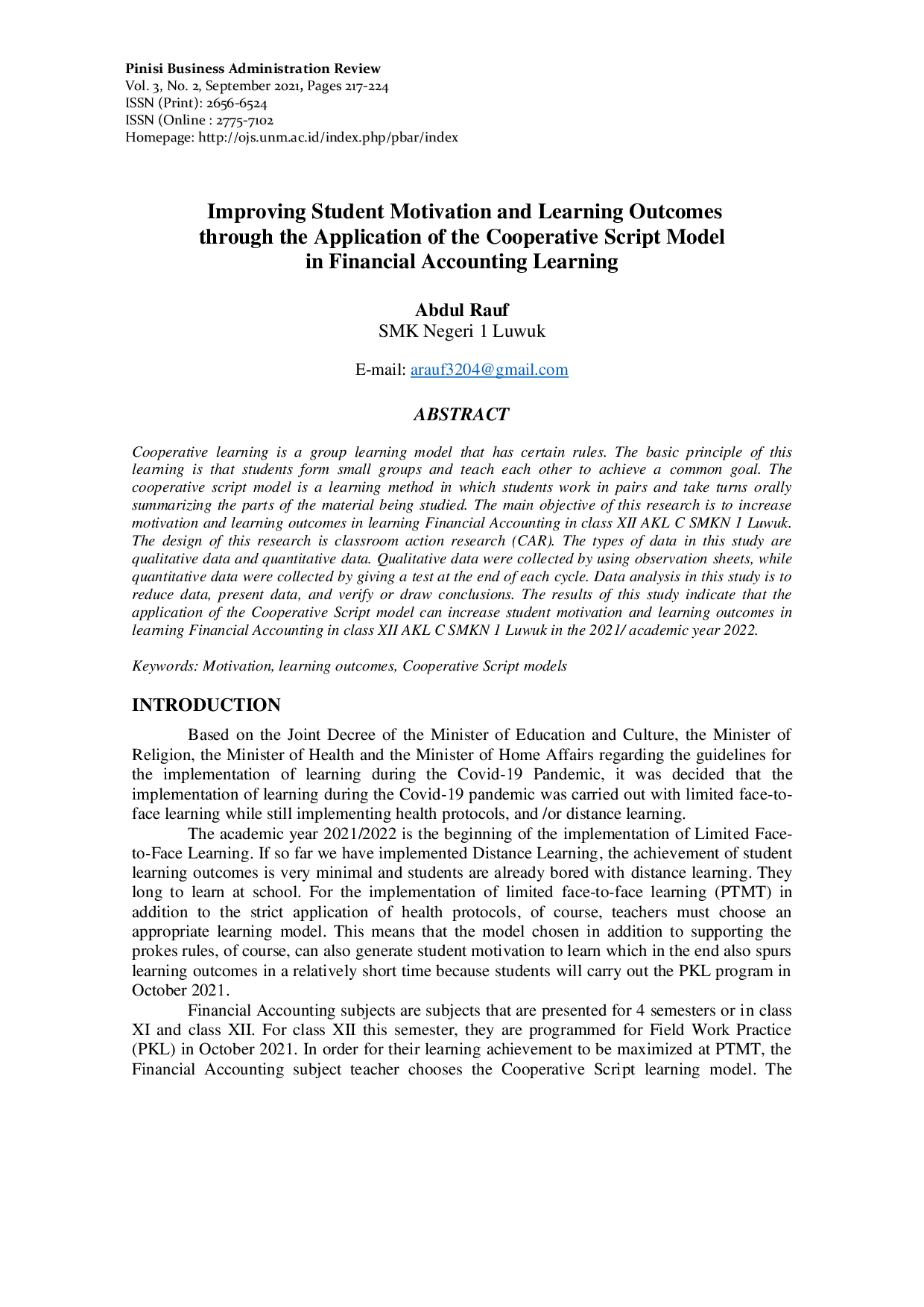 JURIS Improving Student Motivation and Learning Outcomes through the Application of the Cooperative Script Model in Financial Accounting Learning