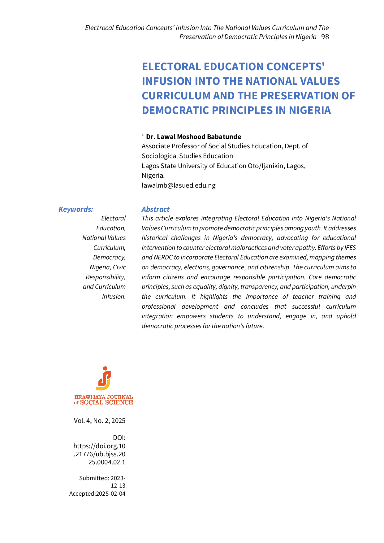 JURIS Electoral Education Concept Infusion Into The Nastional Values Curriculum and The Preservation of Democratic Principles in Nigeria