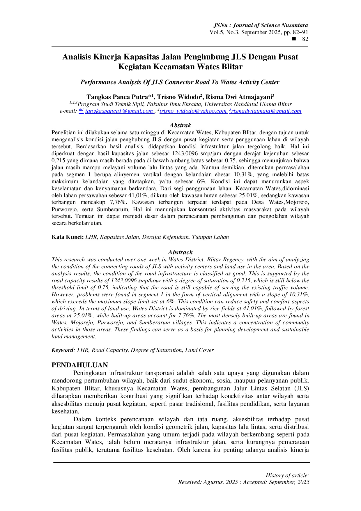 JURIS Analisis Kinerja Kapasitas Jalan Penghubung JLS Dengan Pusat Kegiatan Kecamatan Wates Blitar