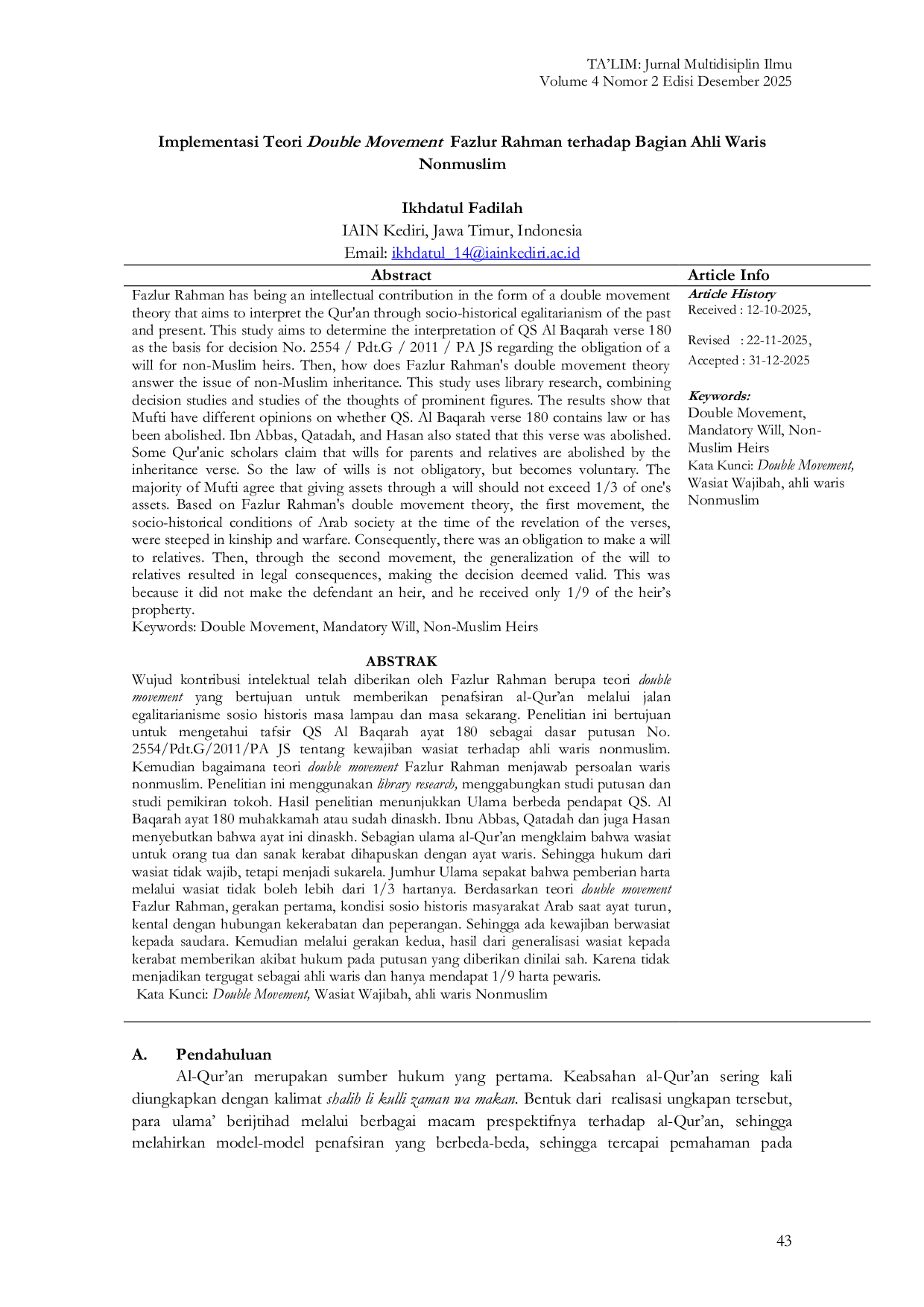 JURIS Implementasi Teori Double Movement Fazlur Rahman terhadap Bagian Ahli Waris Nonmuslim