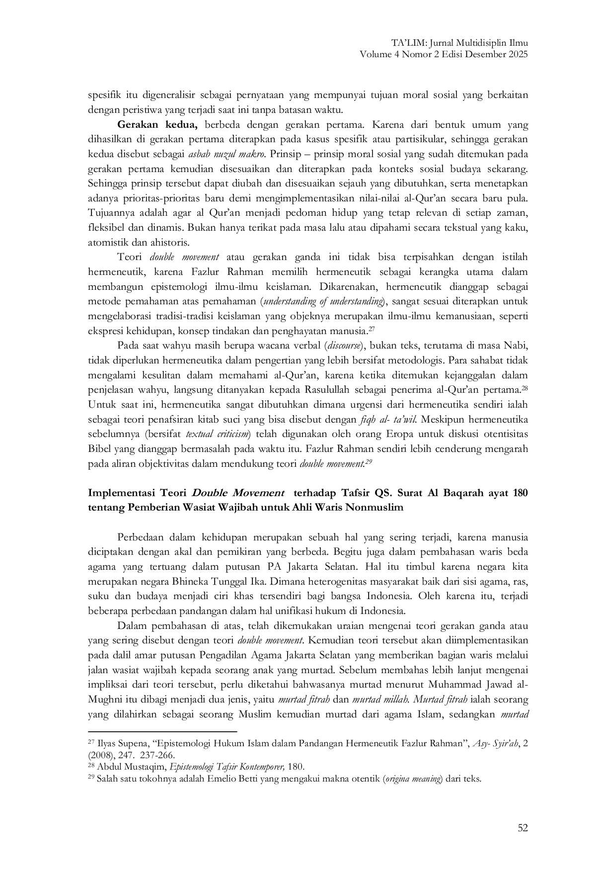 JURIS Implementasi Teori Double Movement Fazlur Rahman terhadap Bagian Ahli Waris Nonmuslim