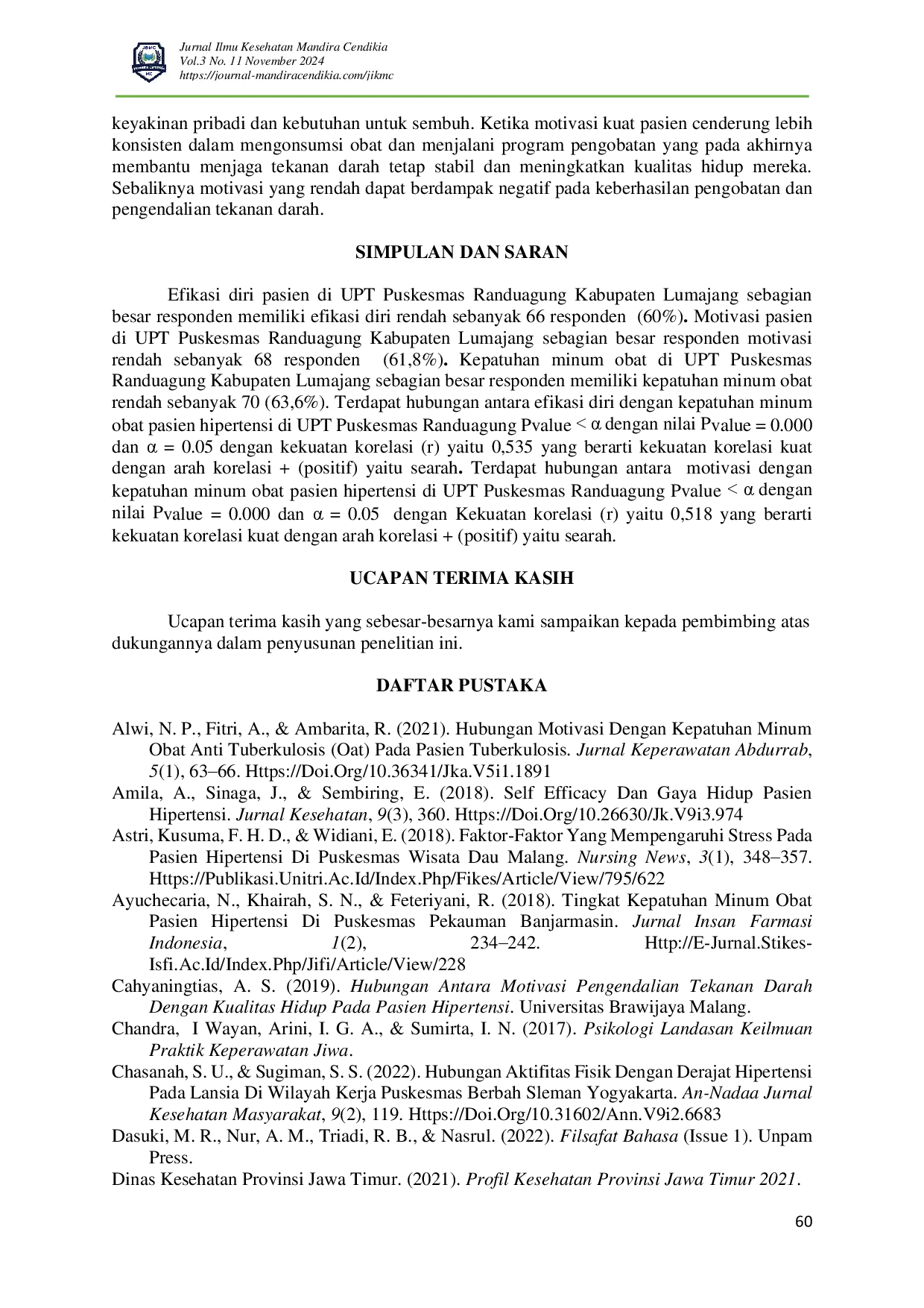 juris Hubungan Efikasi Diri Dan Motivasi Dengan Kepatuhan Minum Obat Pasien Hipertensi Di UPT Puskesmas Randuagung Kabupaten Lumajang