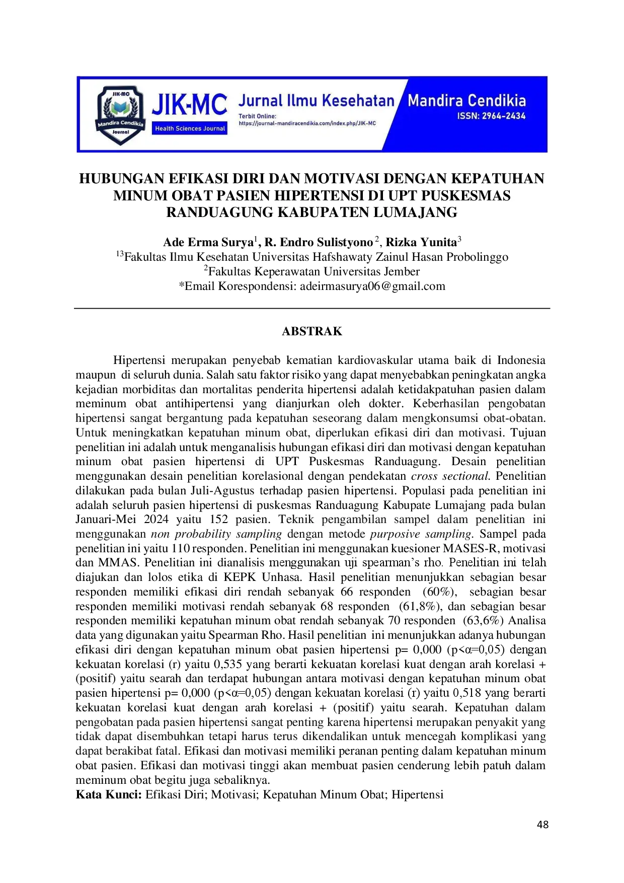 juris Hubungan Efikasi Diri Dan Motivasi Dengan Kepatuhan Minum Obat Pasien Hipertensi Di UPT Puskesmas Randuagung Kabupaten Lumajang
