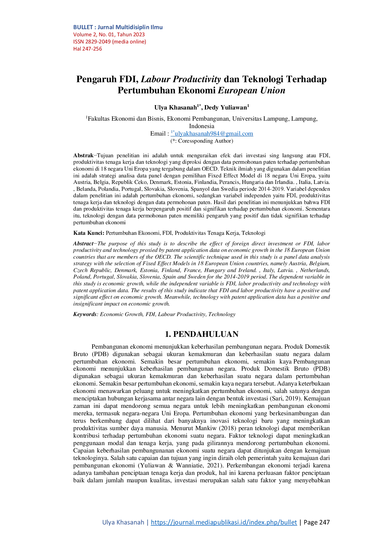 JURIS Pengaruh FDI Labour Productivity dan Teknologi Terhadap Pertumbuhan Ekonomi European Union