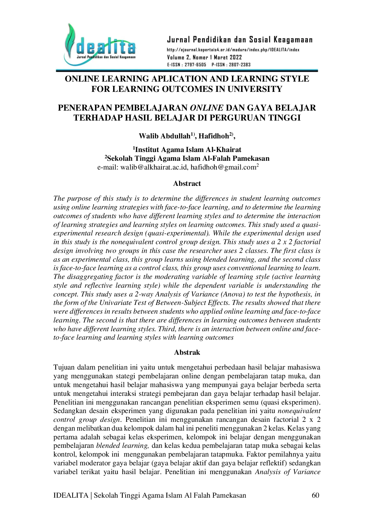 JURIS Penerapan Pembelajaran Online Dan Gaya Belajar Terhadap Hasil Belajar Di Perguruan Tinggi