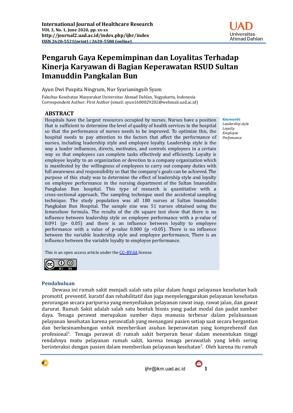 JURIS Pengaruh Gaya Kepemimpinan dan Loyalitas Terhadap Kinerja Karyawan di Bagian Keperawatan RSUD Sultan Imanuddin Pangkalan Bun