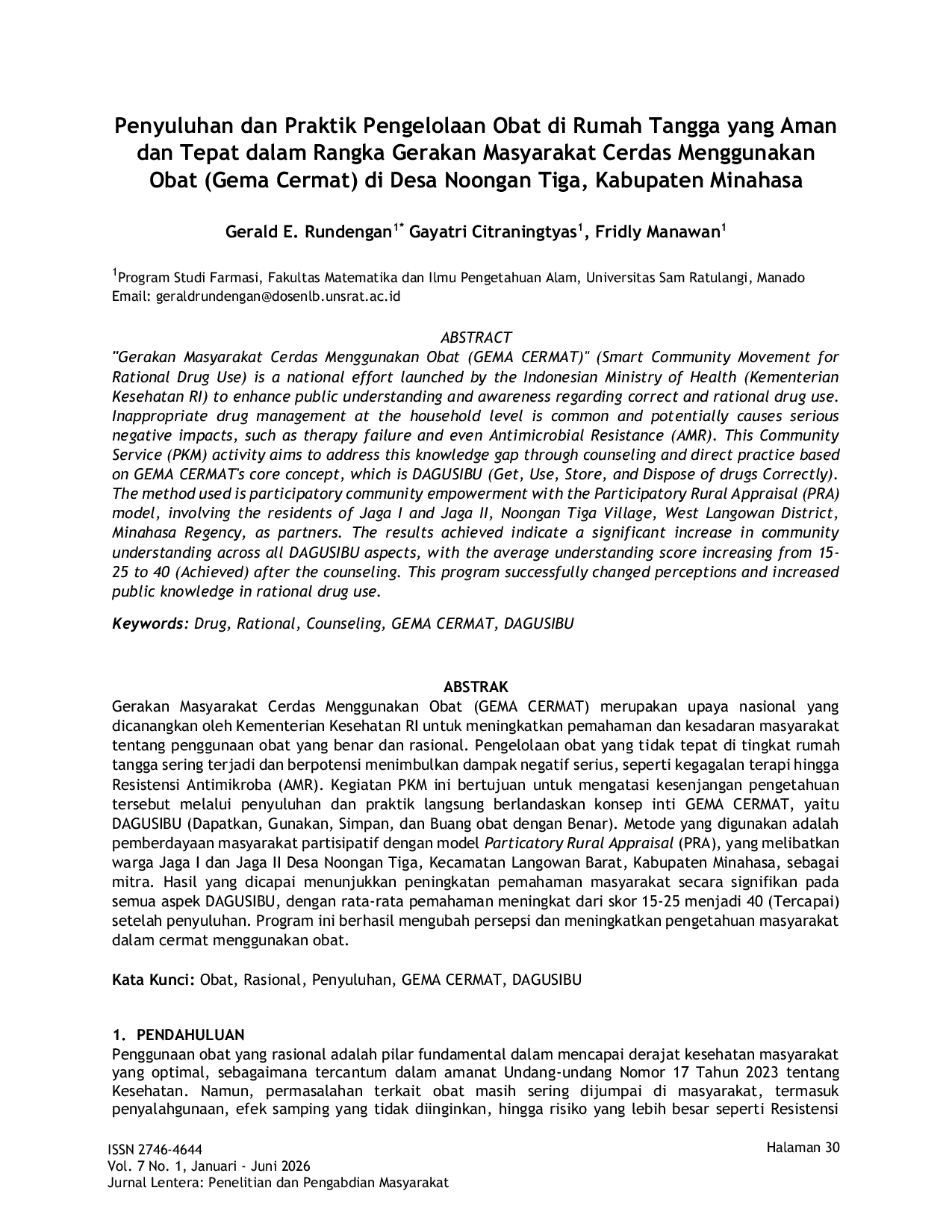 JURIS Penyuluhan dan Praktik Pengelolaan Obat di Rumah Tangga yang Aman dan Tepat dalam Rangka Gerakan Masyarakat Cerdas Menggunakan Obat Gema Cermat di Desa Noongan Tiga Kabupaten Minahasa