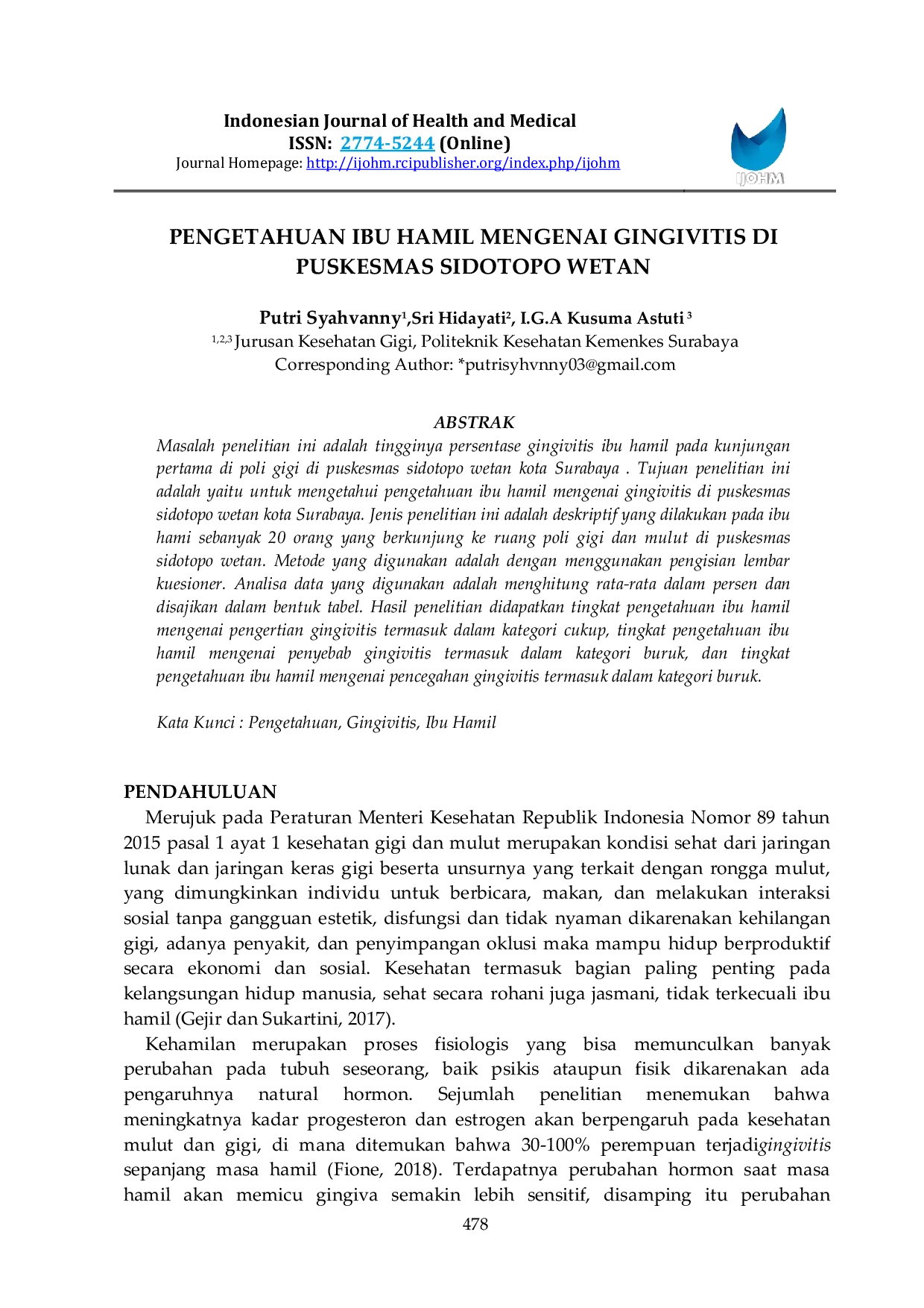 JURIS Pengetahuan Ibu Hamil Mengenai Gingivitis Di Puskesmas Sidotopo Wetan