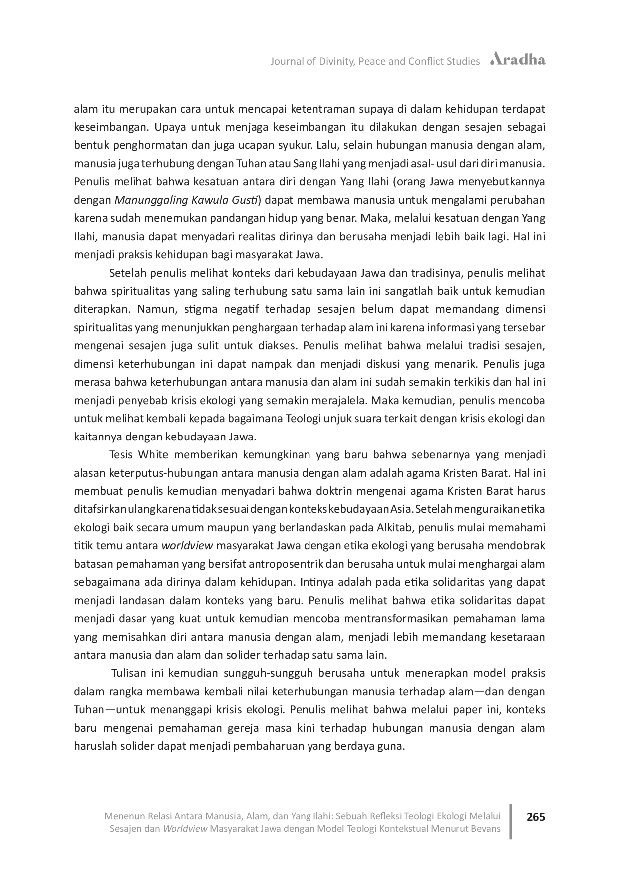 JURIS Menenun Relasi Antara Manusia Alam dan Yang Ilahi Sebuah Refleksi Teologi Ekologi Melalui Sesajen dan Worldview Masyarakat Jawa dengan Model Teologi Kontekstual Menurut Bevans