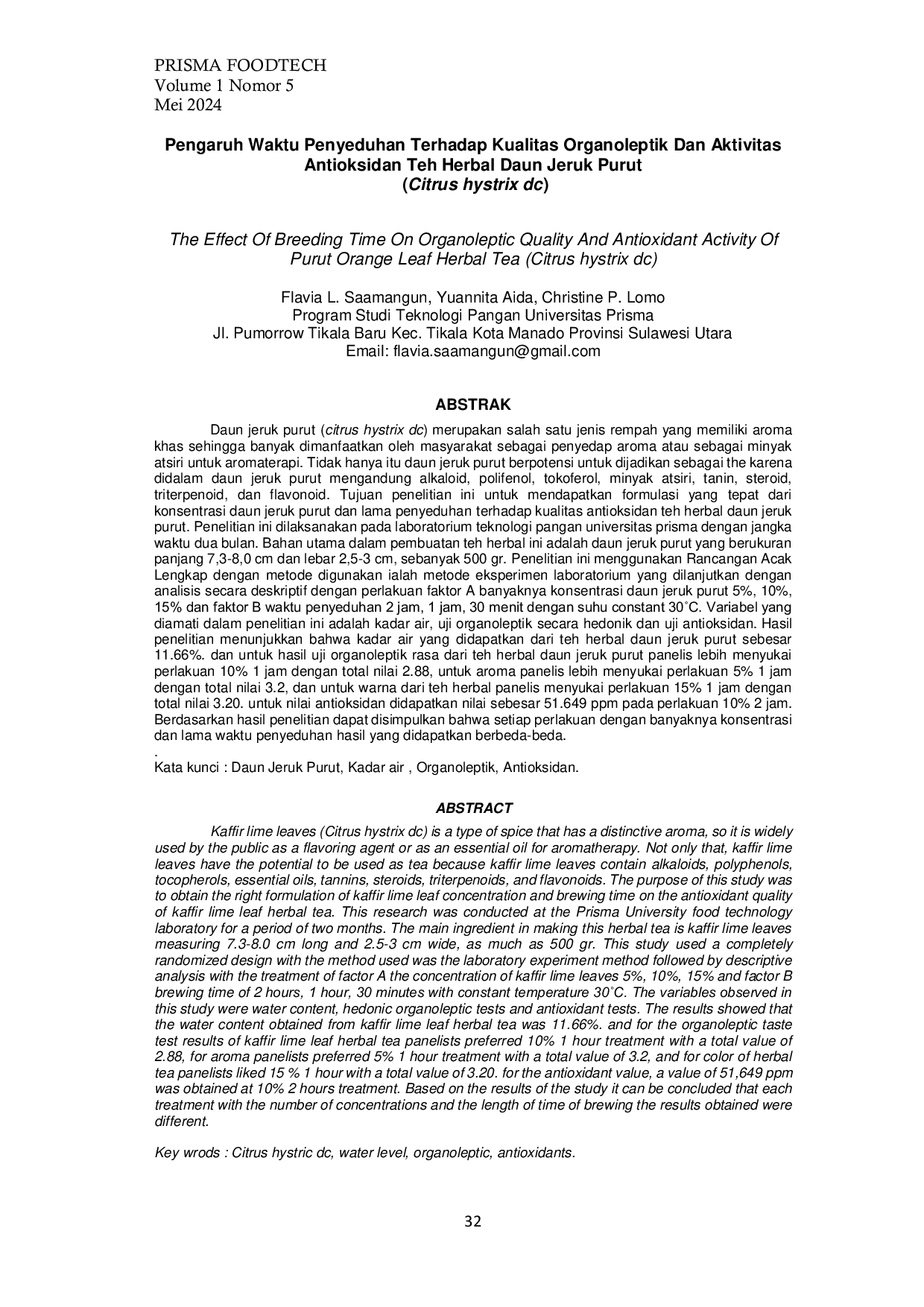 JURIS Pengaruh Waktu Penyeduhan Terhadap Kualitas Organoleptik Dan Aktivitas Antioksidan Teh Herbal Daun Jeruk Purut Citrus hystrix dc