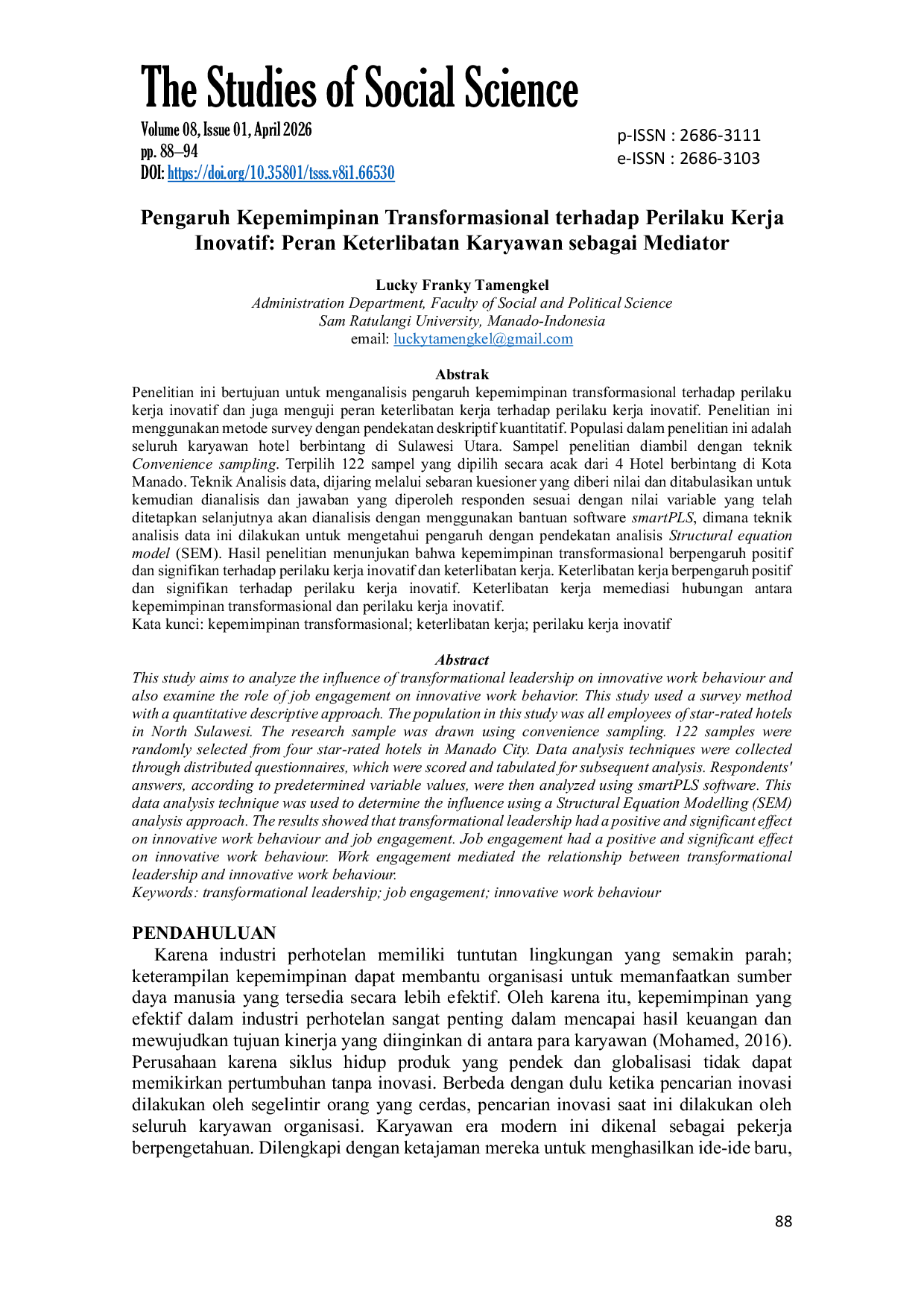 JURIS Pengaruh Kepemimpinan Transformasional terhadap Perilaku Kerja Inovatif Peran Keterlibatan Karyawan sebagai Mediator