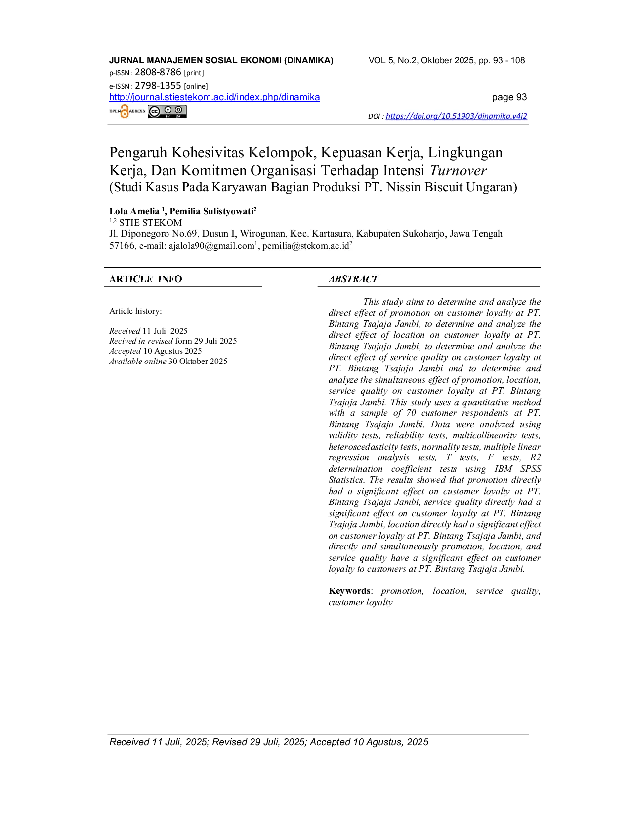 JURIS Pengaruh Kohesivitas Kelompok Kepuasan Kerja Lingkungan Kerja Dan Komitmen Organisasi Terhadap Intensi Turnover Studi Kasus Pada Karyawan Bagian Produksi PT Nissin Biscuit Ungaran