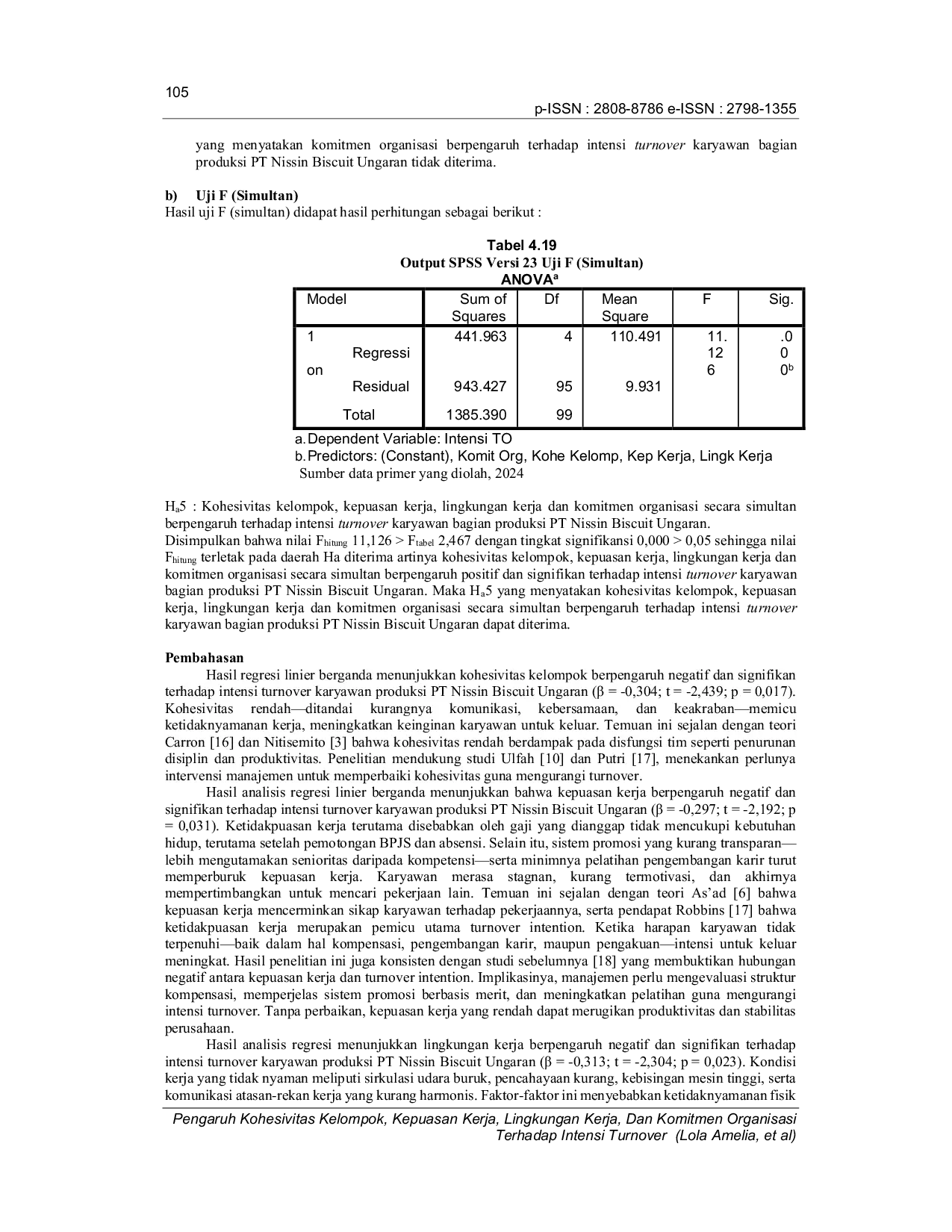 JURIS Pengaruh Kohesivitas Kelompok Kepuasan Kerja Lingkungan Kerja Dan Komitmen Organisasi Terhadap Intensi Turnover Studi Kasus Pada Karyawan Bagian Produksi PT Nissin Biscuit Ungaran