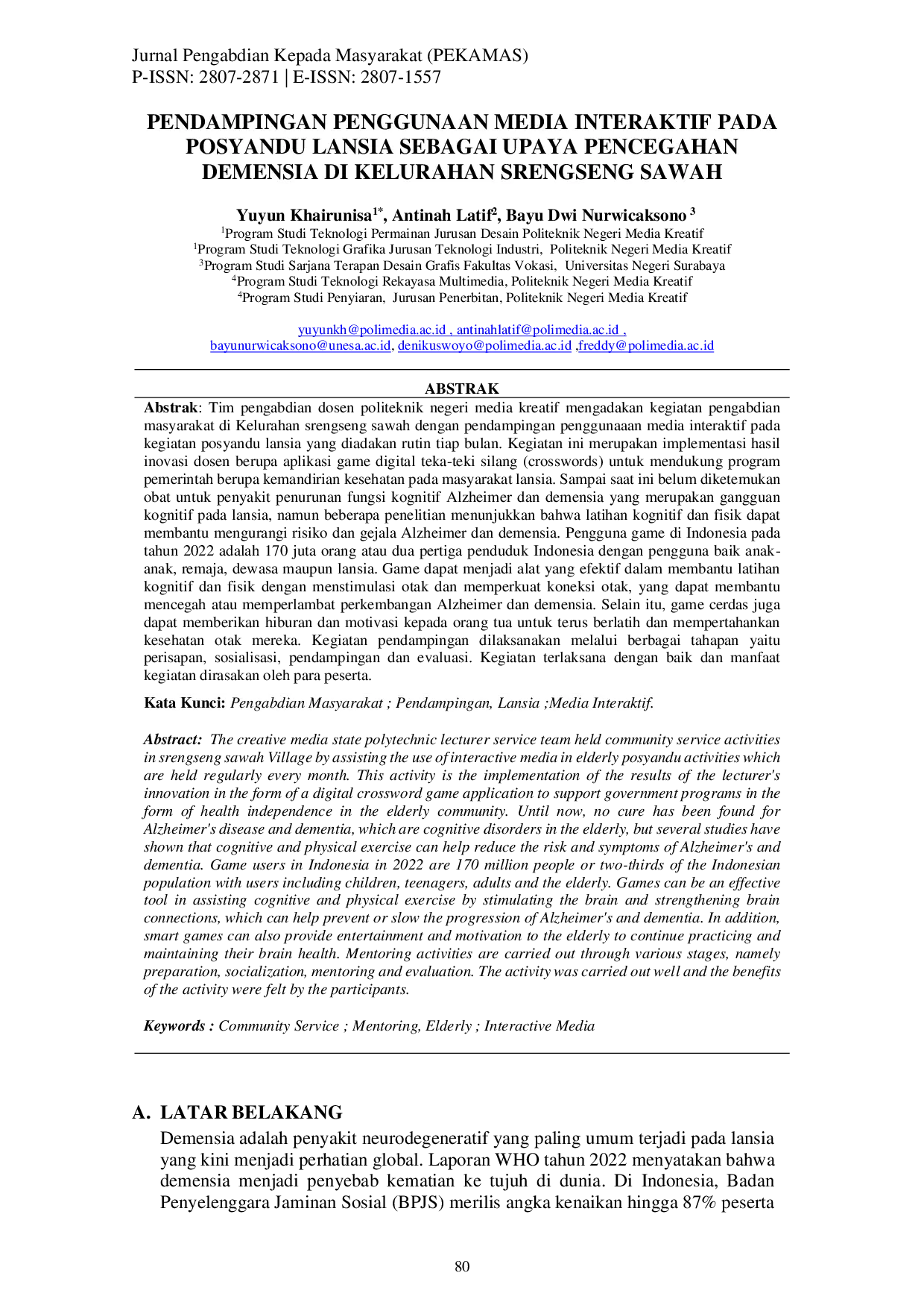juris Pendampingan Penggunaan Media Interaktif Pada Posyandu Lansia Sebagai Upaya Pencegahan Demensia Di Kelurahan Srengseng Sawah
