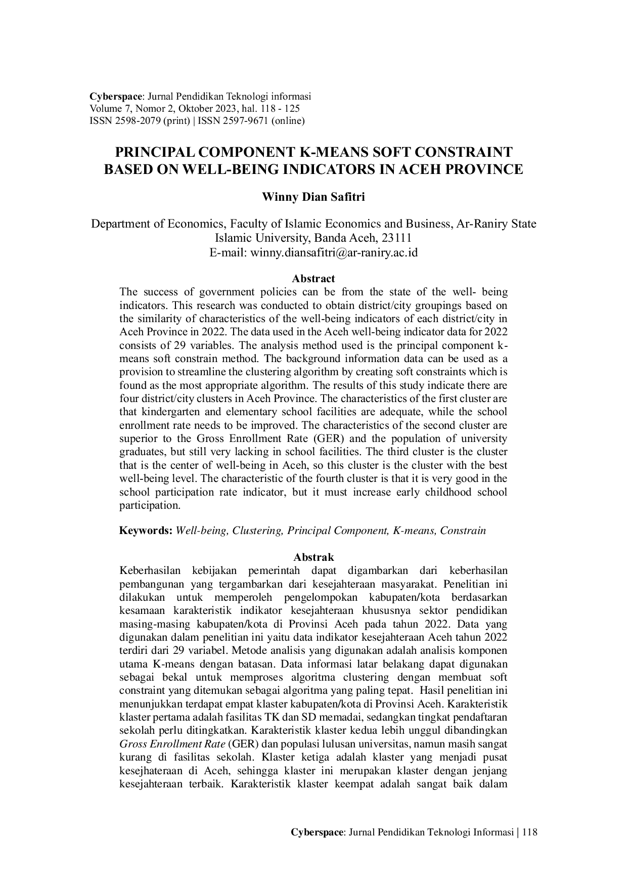 JURIS PRINCIPAL COMPONENT K MEANS SOFT CONSTRAINT BASED ON WELL BEING INDICATORS IN ACEH PROVINCE